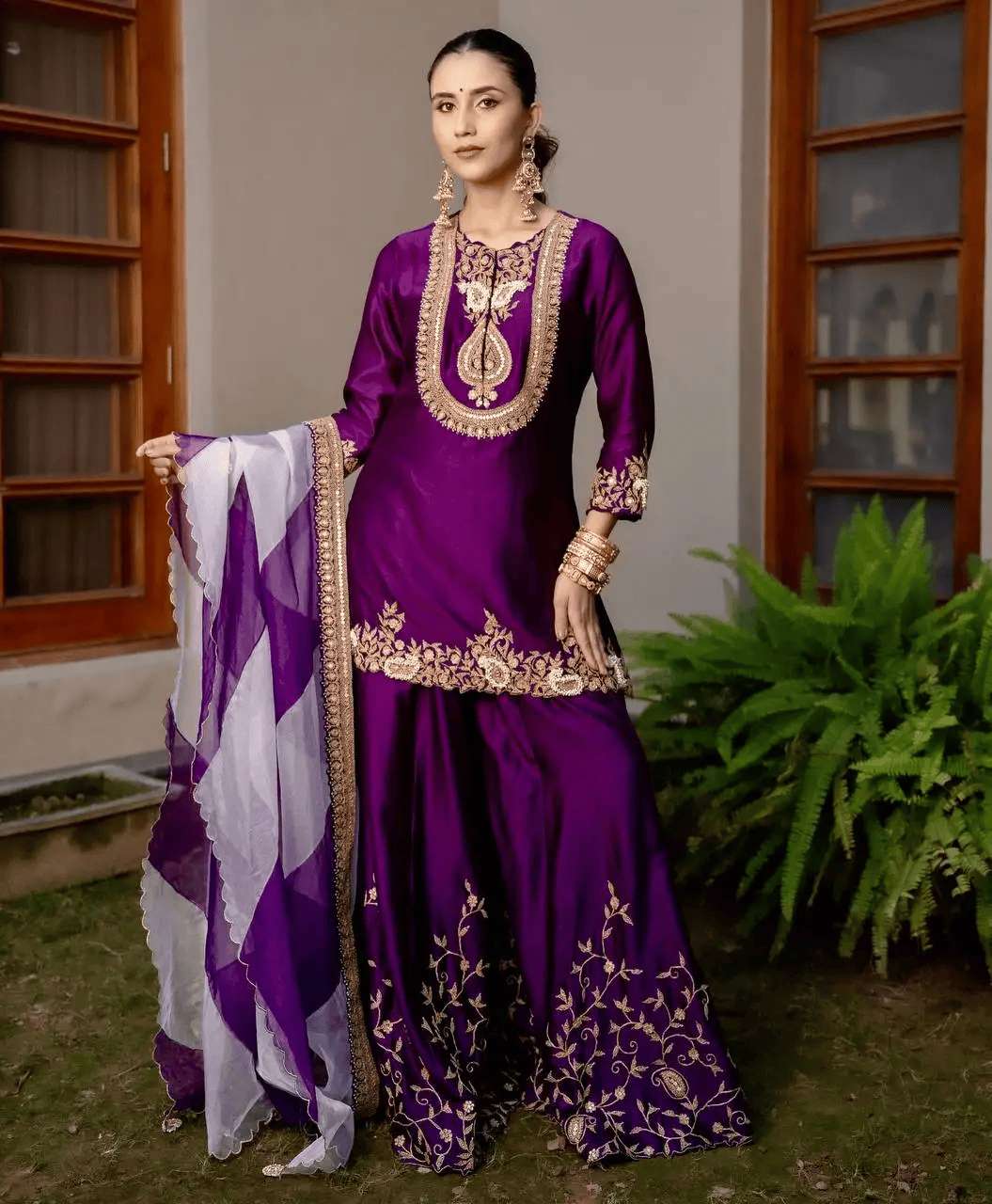 Women's Chinon Silk Sequence Embroidery Work Straight Kurti With Sharara Suit and Dupatta Set - Image 5