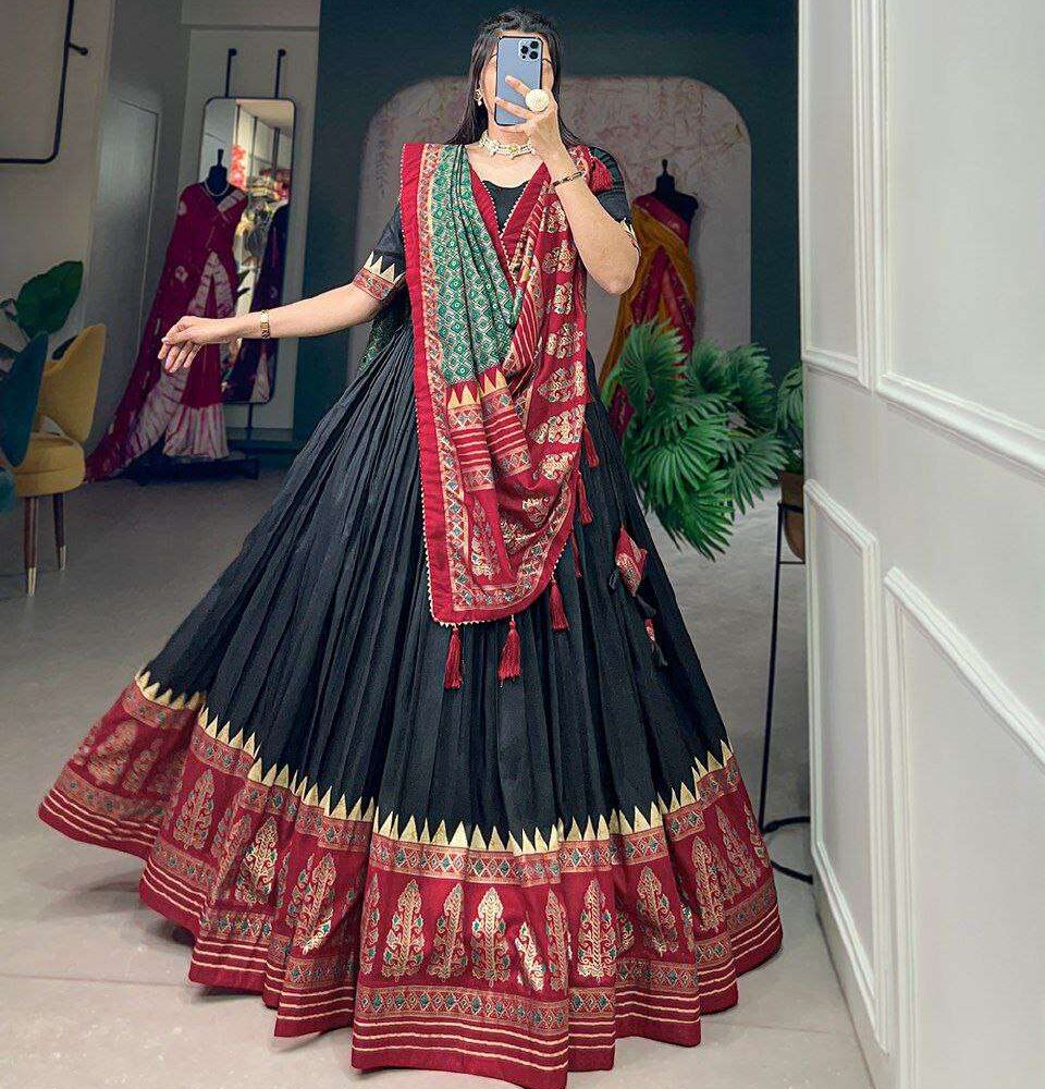 Women's Stitched Ethnic Lehenga Choli with Zari Border and Contrast Dupatta