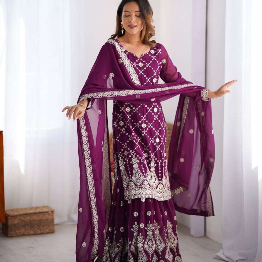 Women's Georgette Embroidery Work Straight Kurta With Sharara Suit and Dupatta Set