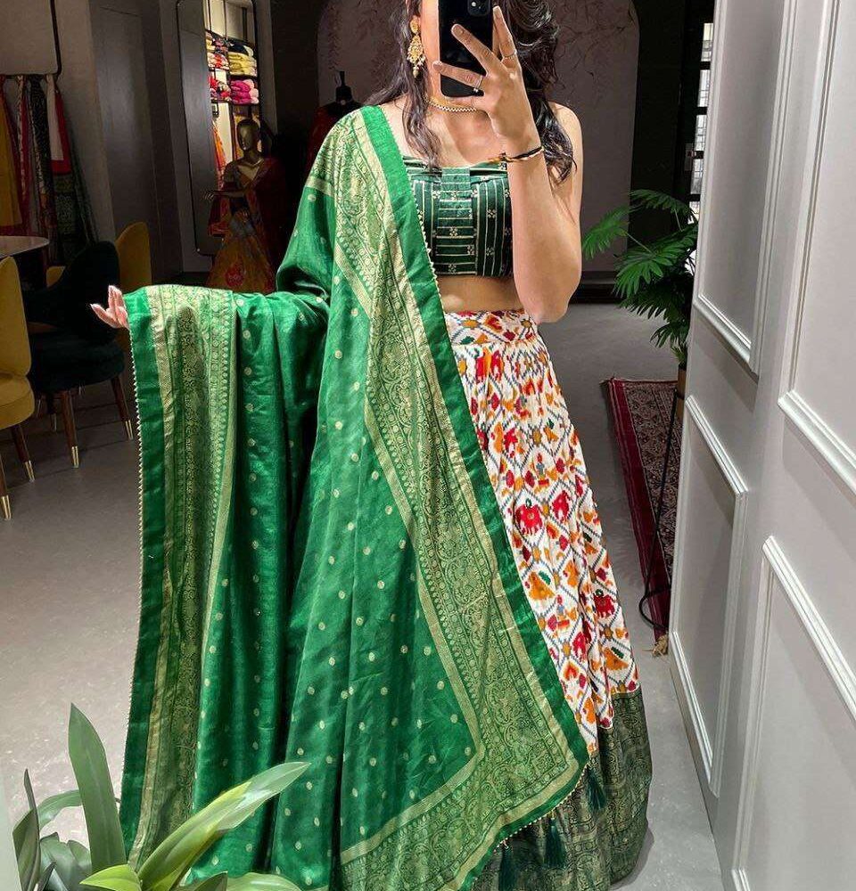 Women's Tussar Silk Patola Print Lehenga Choli Dupatta Set