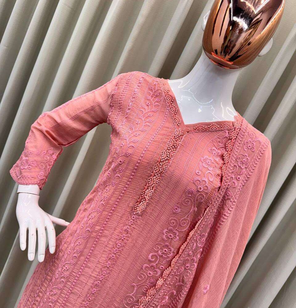 Women's Chinon Silk with Cotton Thread Embroidery Straight Kurti With Pant and Dupatta set
