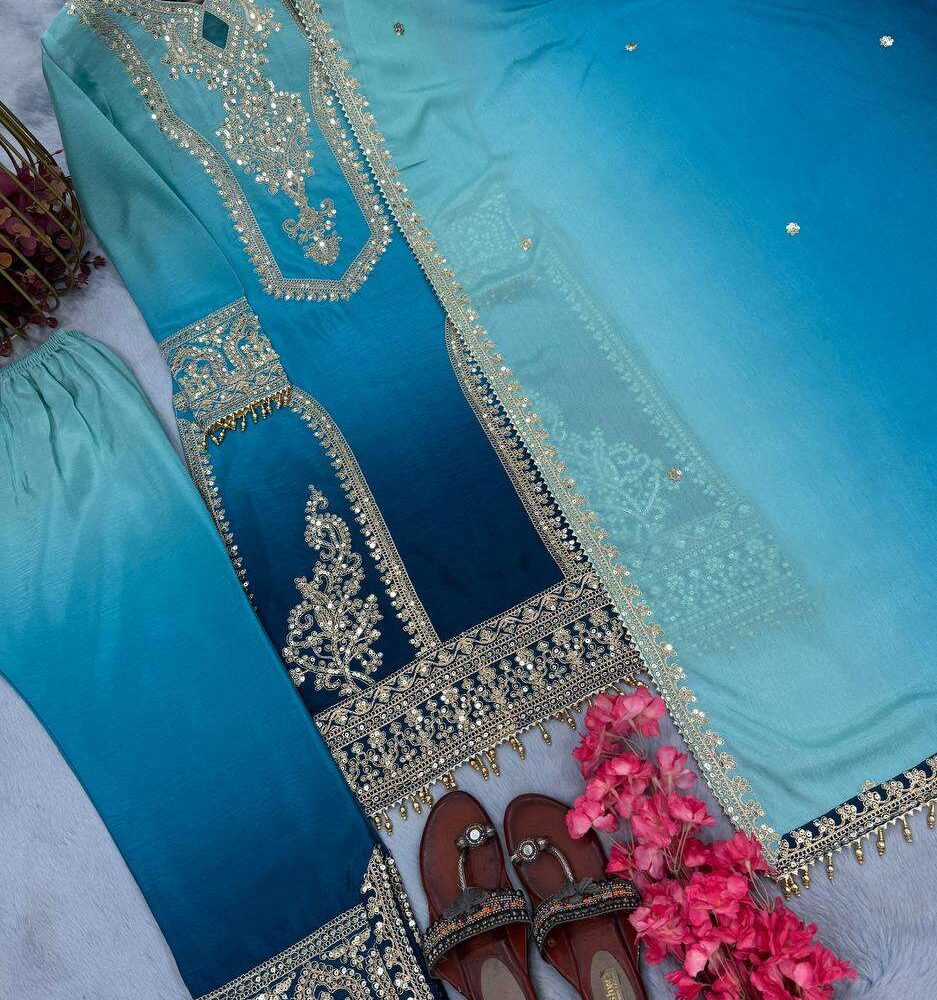 Women's Chinon Silk Embroidery Straight Pakistani Salwar Suit and Dupatta