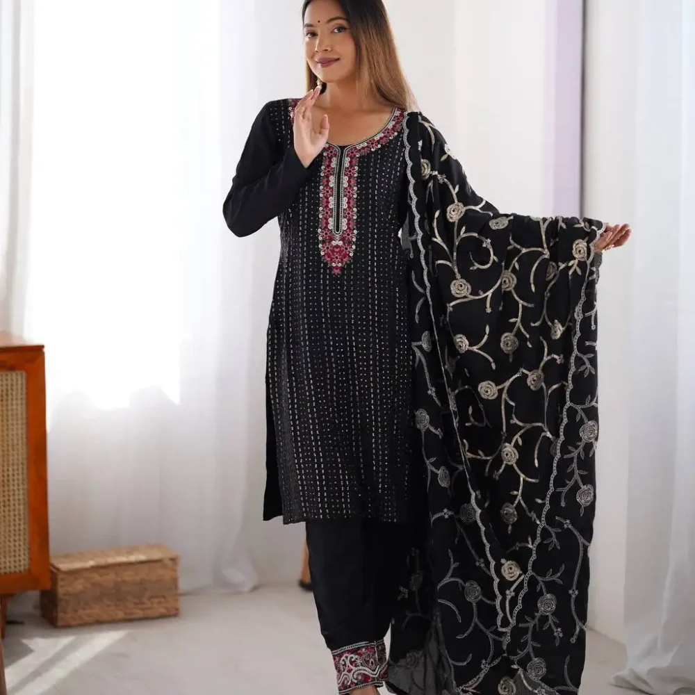 Women's Chinon Silk Sequence And Thread Work Straight Kurti With Pant and Dupatta Set
