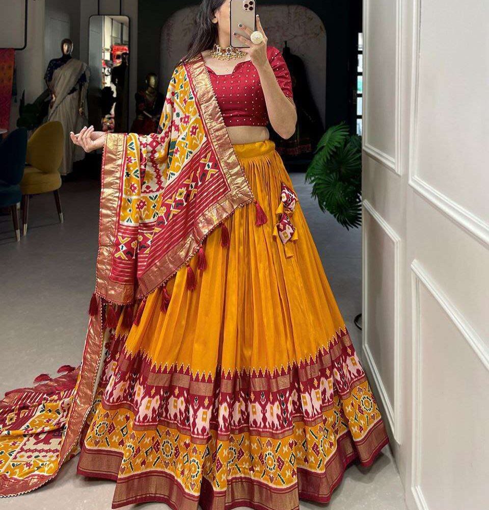 Women's Tussar Silk Patola Print Lehenga Choli Dupatta Set