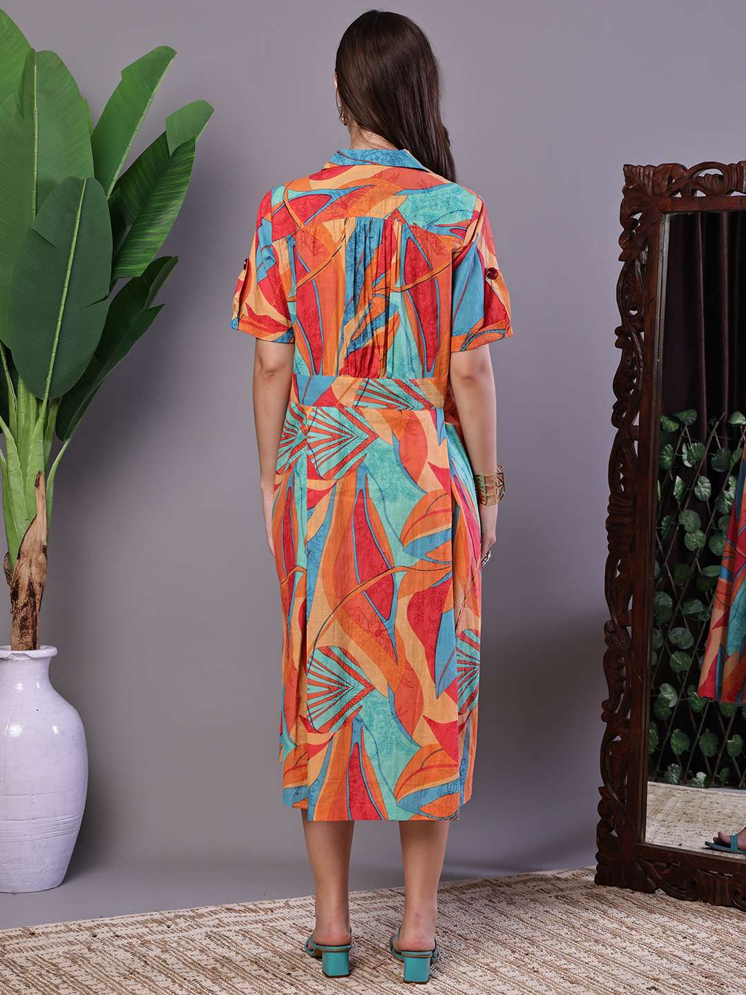 Women's Tropical Print Button-Down Cotton Midi Dress - Image 2