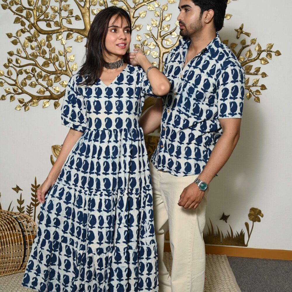 Couple Matching White And Blue Printed Cotton Anarkali Midi Dress & Shirt Set ? Summer Casual Wear