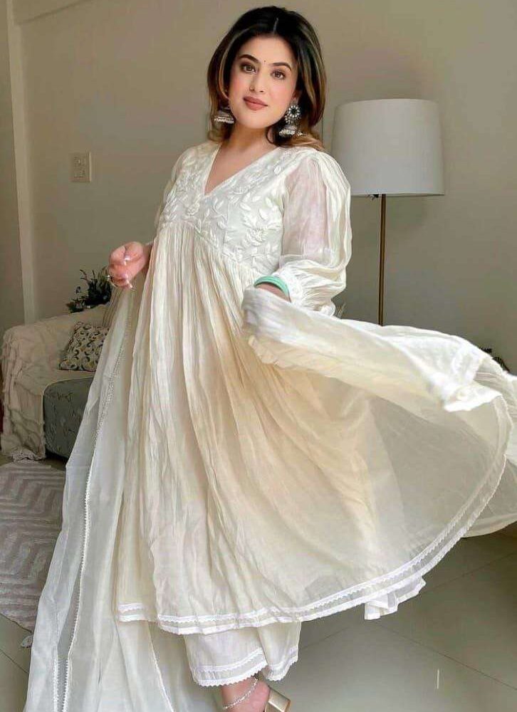 Women's Chanderi Silk Embroidered Anarkali Kurti With Pant and Dupatta