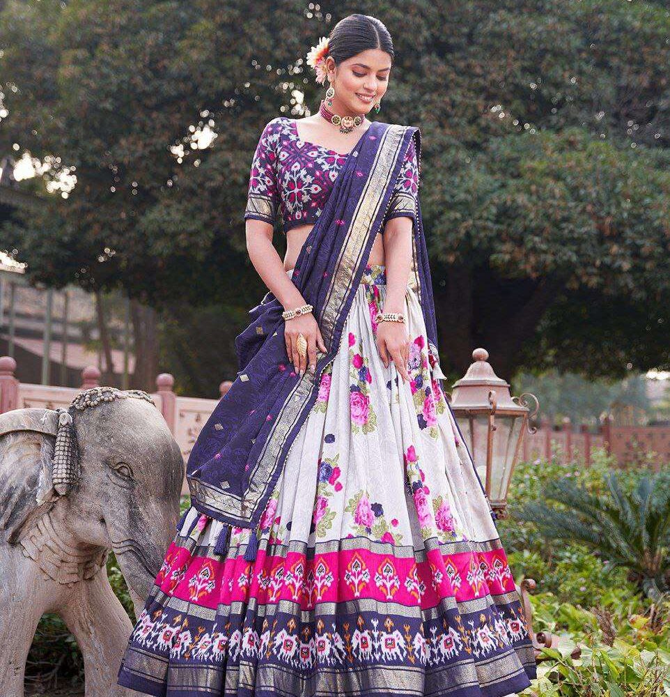 Women's Patola Print Tussar Silk Lehenga Choli Dupatta Set