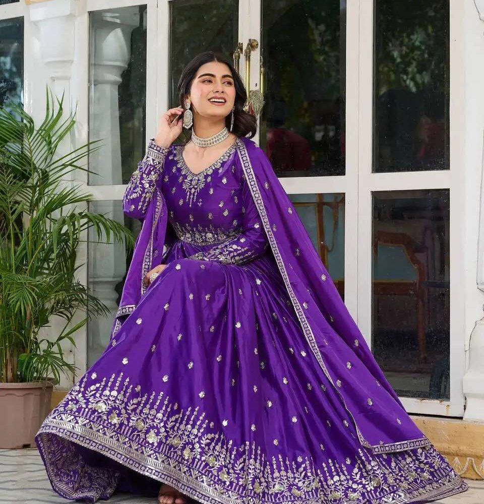 Women's American Silk Sequence Embroidery Long Anarkali Kurti (Gown) With Dupatta
