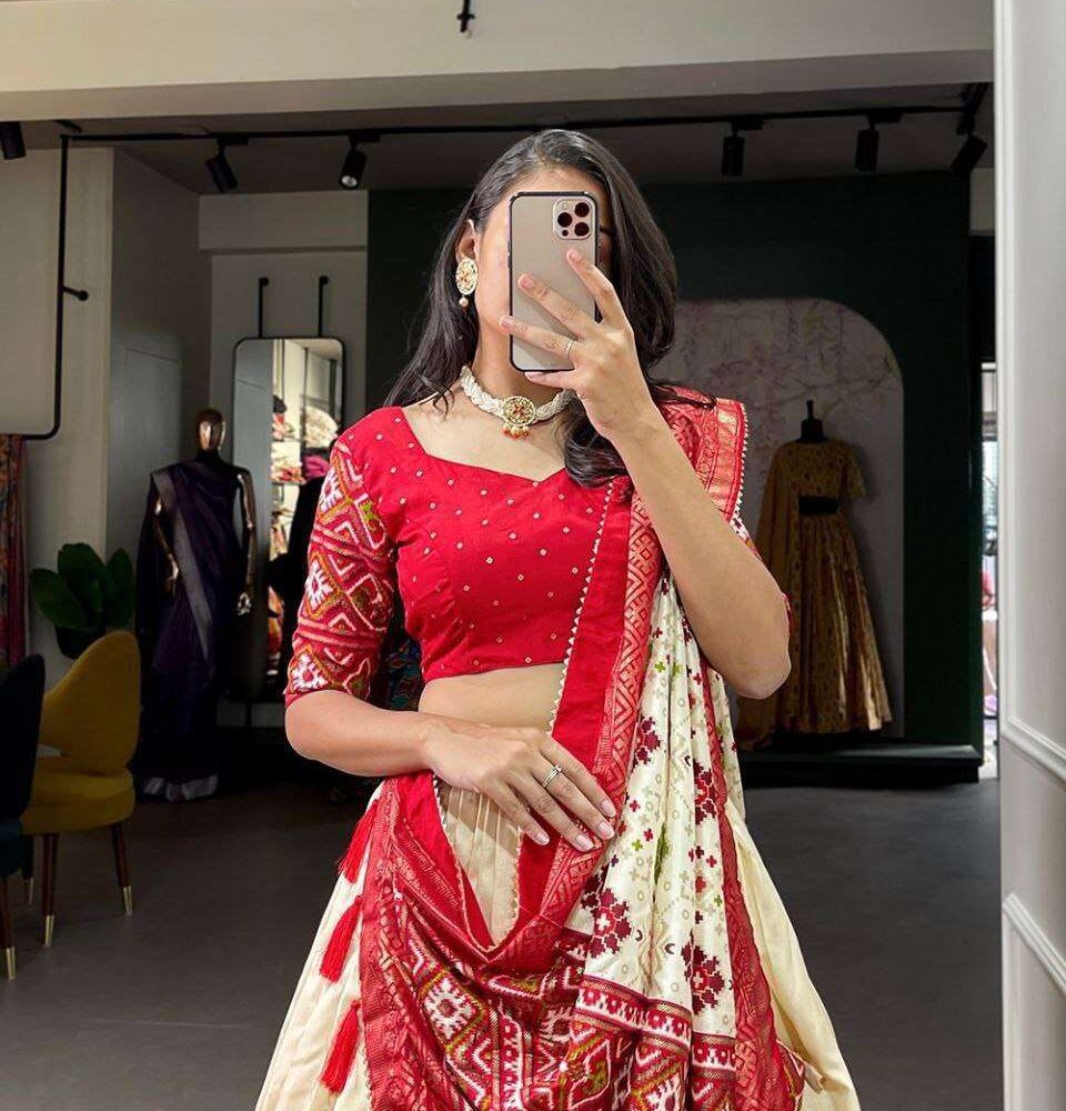 Women's Tussar Silk Patola Print Lehenga Choli Dupatta Set