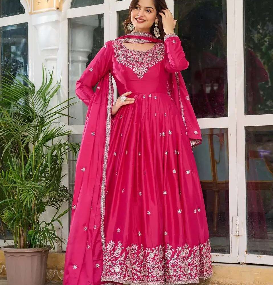 Women's American Silk Sequence Embroidery Long Anarkali Kurti Gown With Dupatta