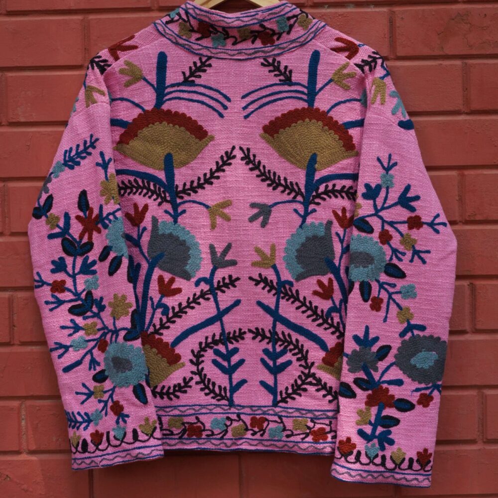 Womens Pink Velvet Embroidered Jacket with Floral Design
