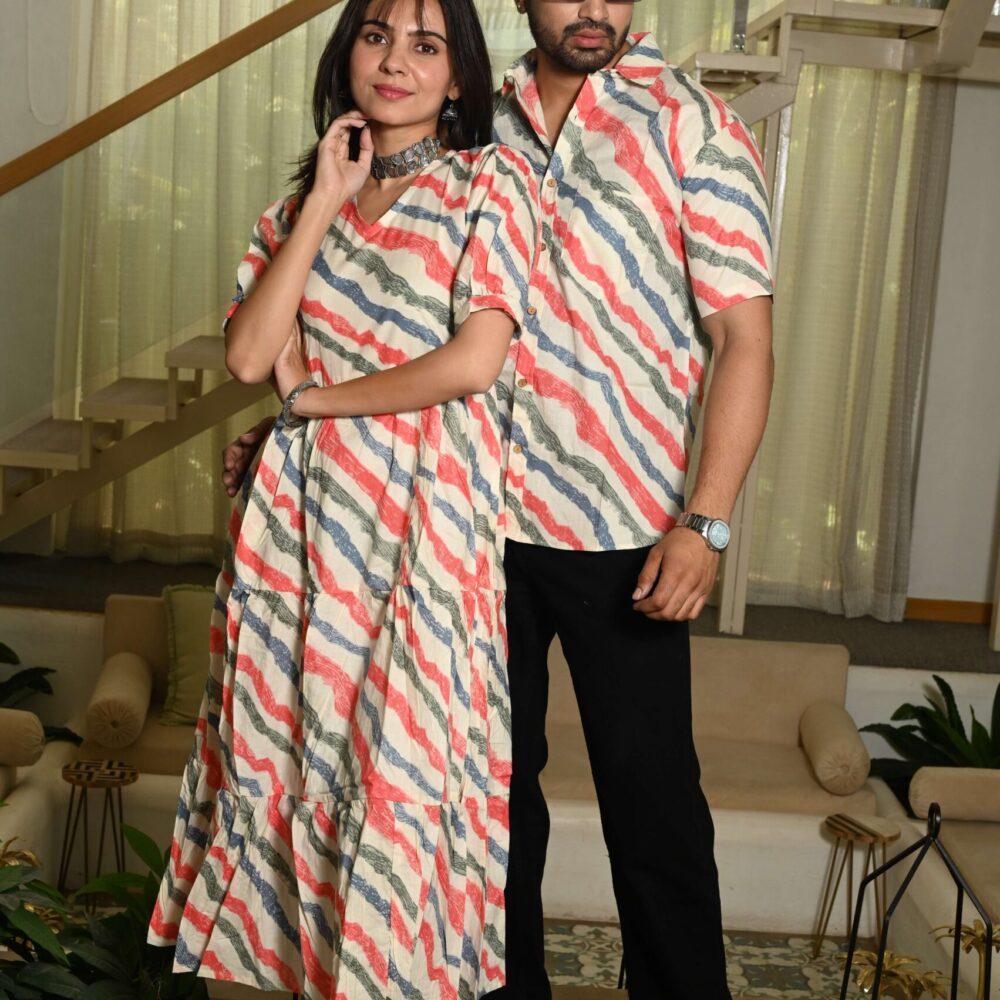 Couple Matching Cream Cotton Anarkali Midi Dress and Shirt Set ? Wavy Red & Blue Stripes
