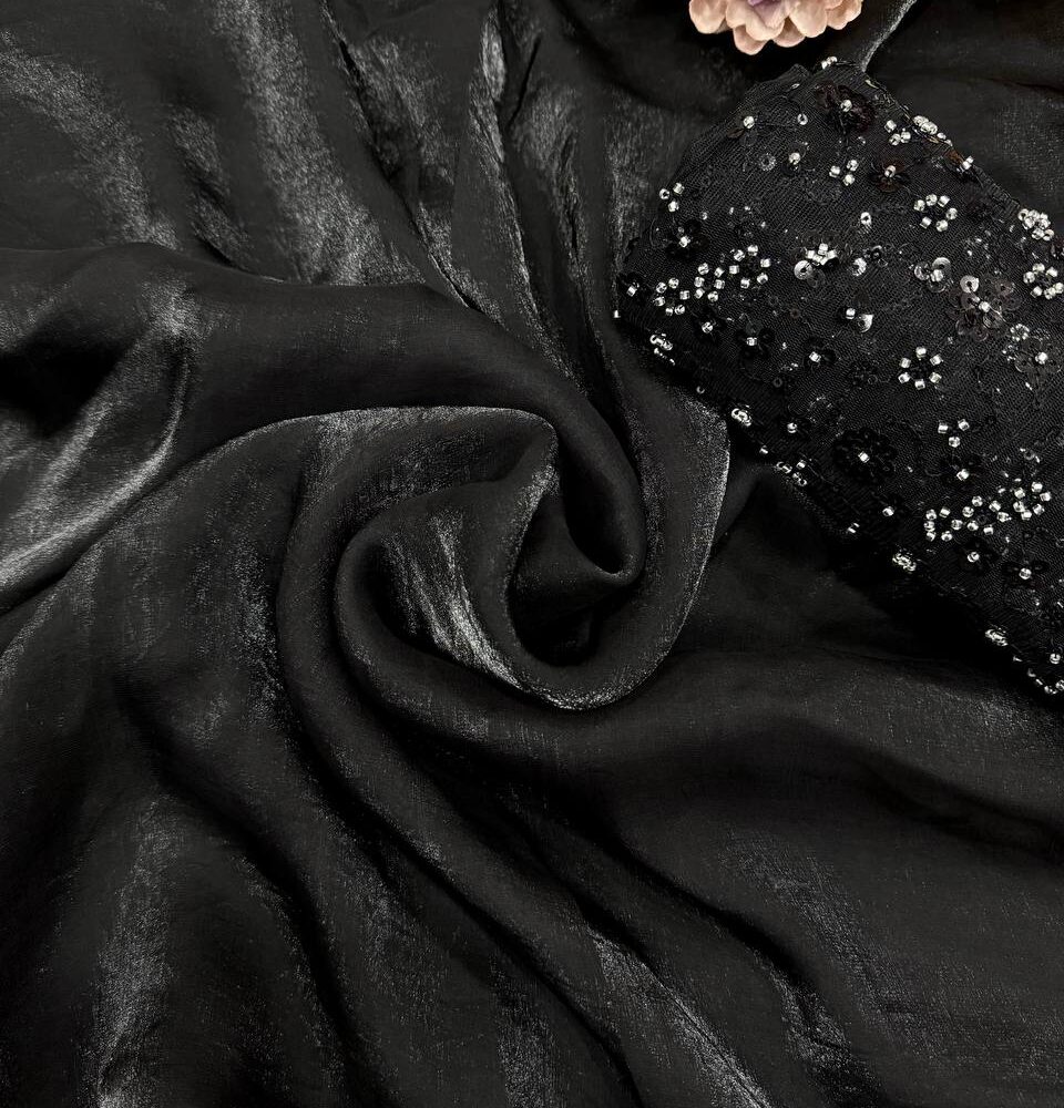 Women's Classic Black Shimmer Saree with All-Over Sequin Embellished Blouse Piece