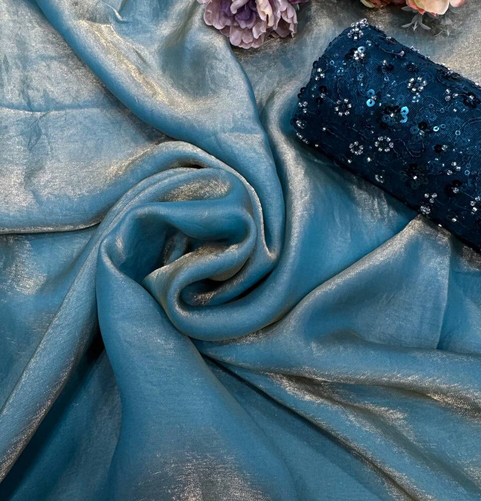Women's Lustrous Teal Tissue Silk Saree with All-Over Sequin Embellished Blouse Piece