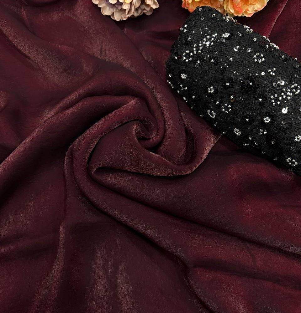 Women's Rich Wine Tissue Silk Saree with All-Over Sequin Embroidered Blouse Piece