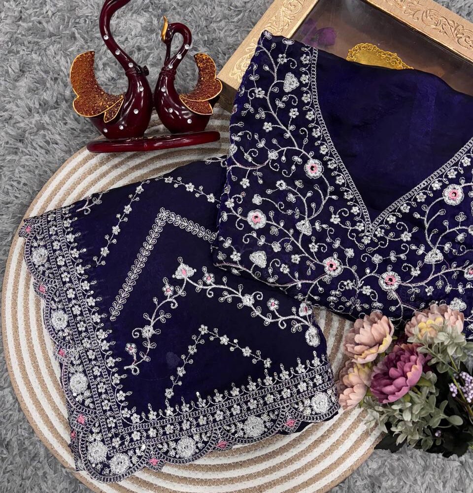 Royal Blue Embroidered Blouse Piece with Intricate Mirror, Sequin & Floral Threadwork – Ready-to-Stitch Fabric for Sarees & Festive Ethnic Wear