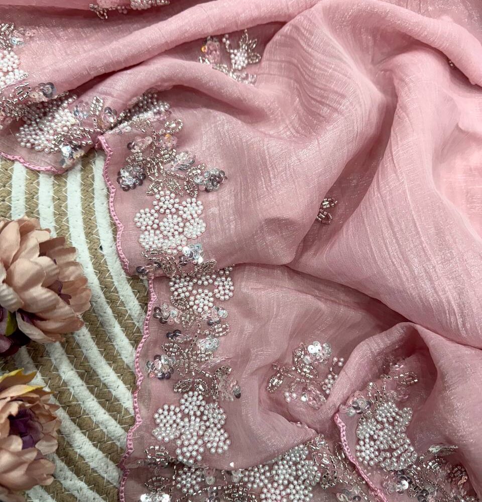 Women's Soft Pink Organza Saree with Delicate Pearl & Sequin Floral Embroidery – Lightweight Sheer Drape for Festive, Wedding & Party Wear