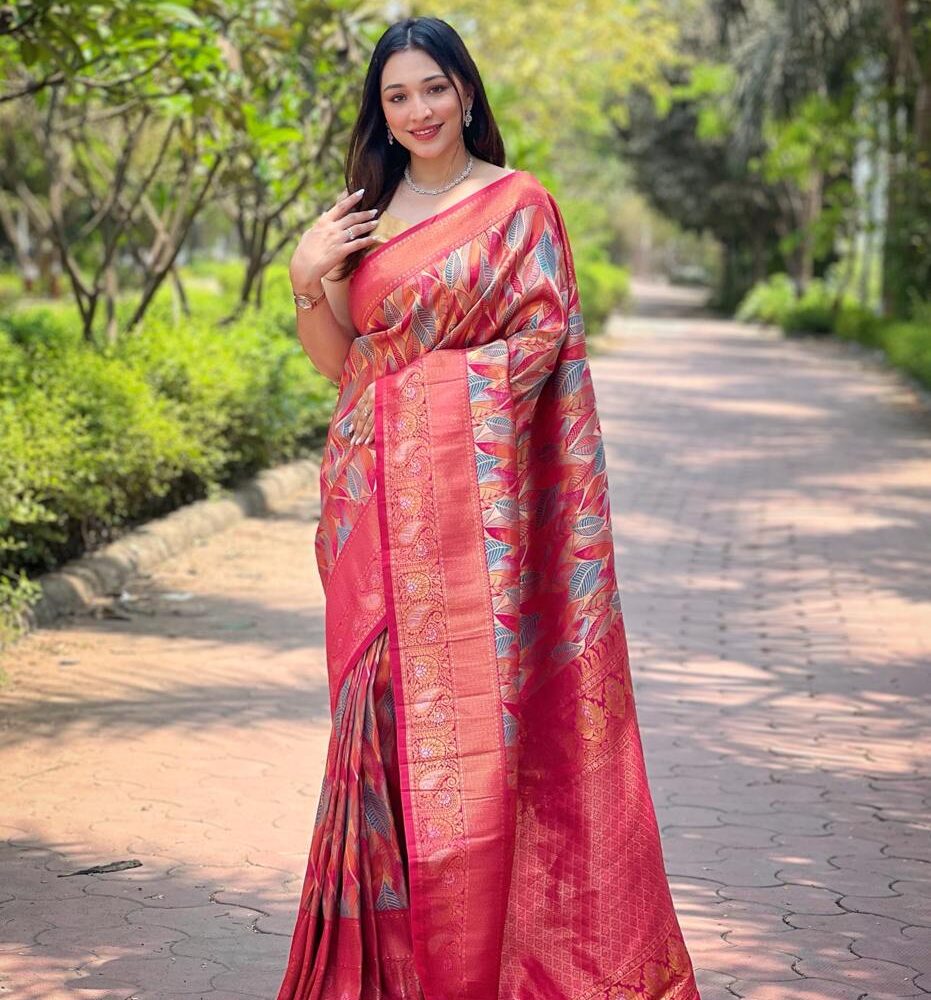 Women's Luxurious Pista Green & Pink Art Silk Saree with Intricate Leaf Weave & Broad Zari Border – Ideal for Festive & Wedding Occasions