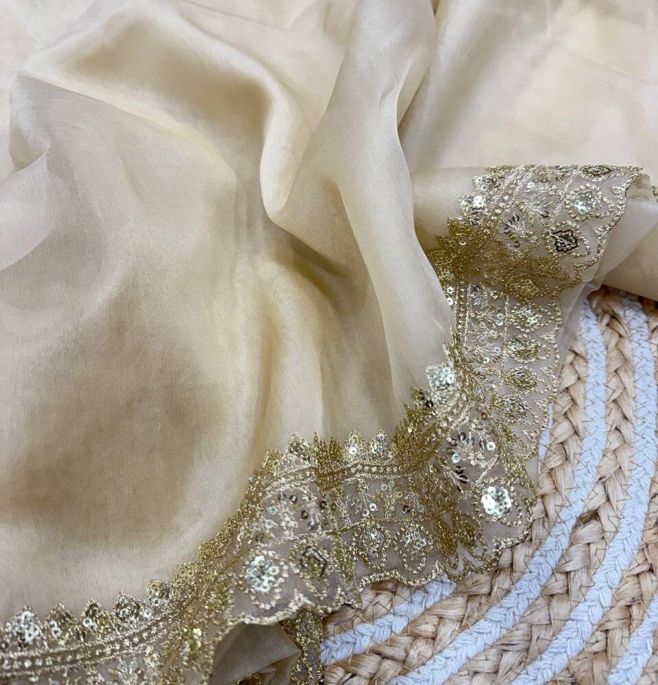 Luxurious Ivory Organza Dupatta with Heavy Golden Sequin & Zari Cutwork Border – Perfect for Weddings & Festive Layering