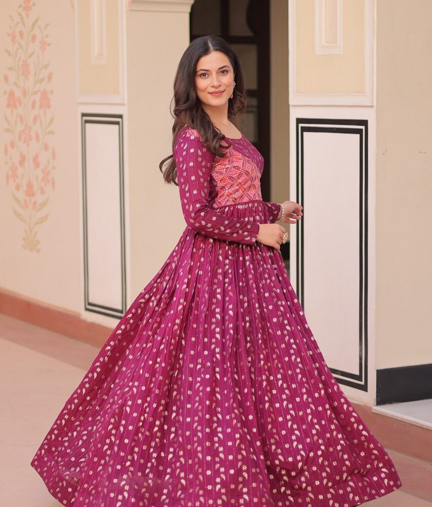 Women's Festive Berry Purple Printed Anarkali Gown with Intricate Zari Work & Embellished Yoke – Perfect for Traditional & Celebration Wear