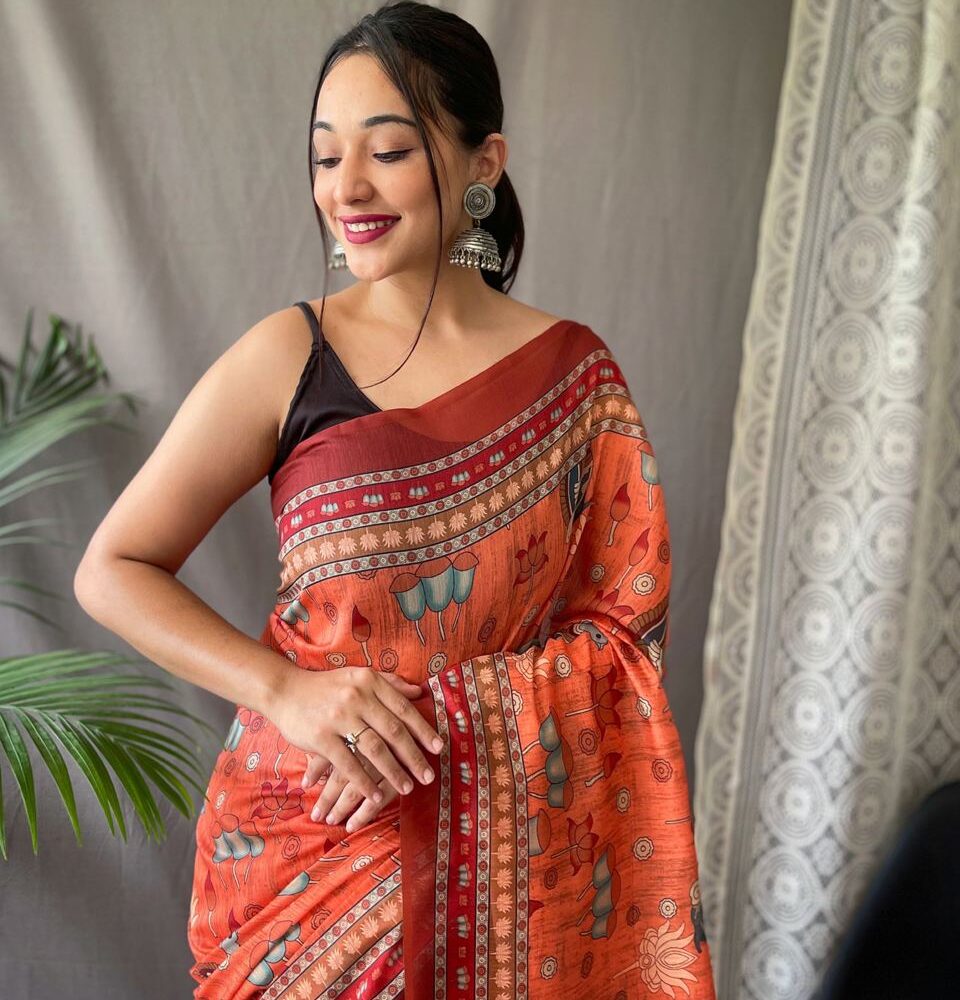 Women's Artistic Terracotta Orange Linen Saree with Kalamkari Inspired Print & Tassel Detailing – Perfect for Casual Festivities & Cultural Events
