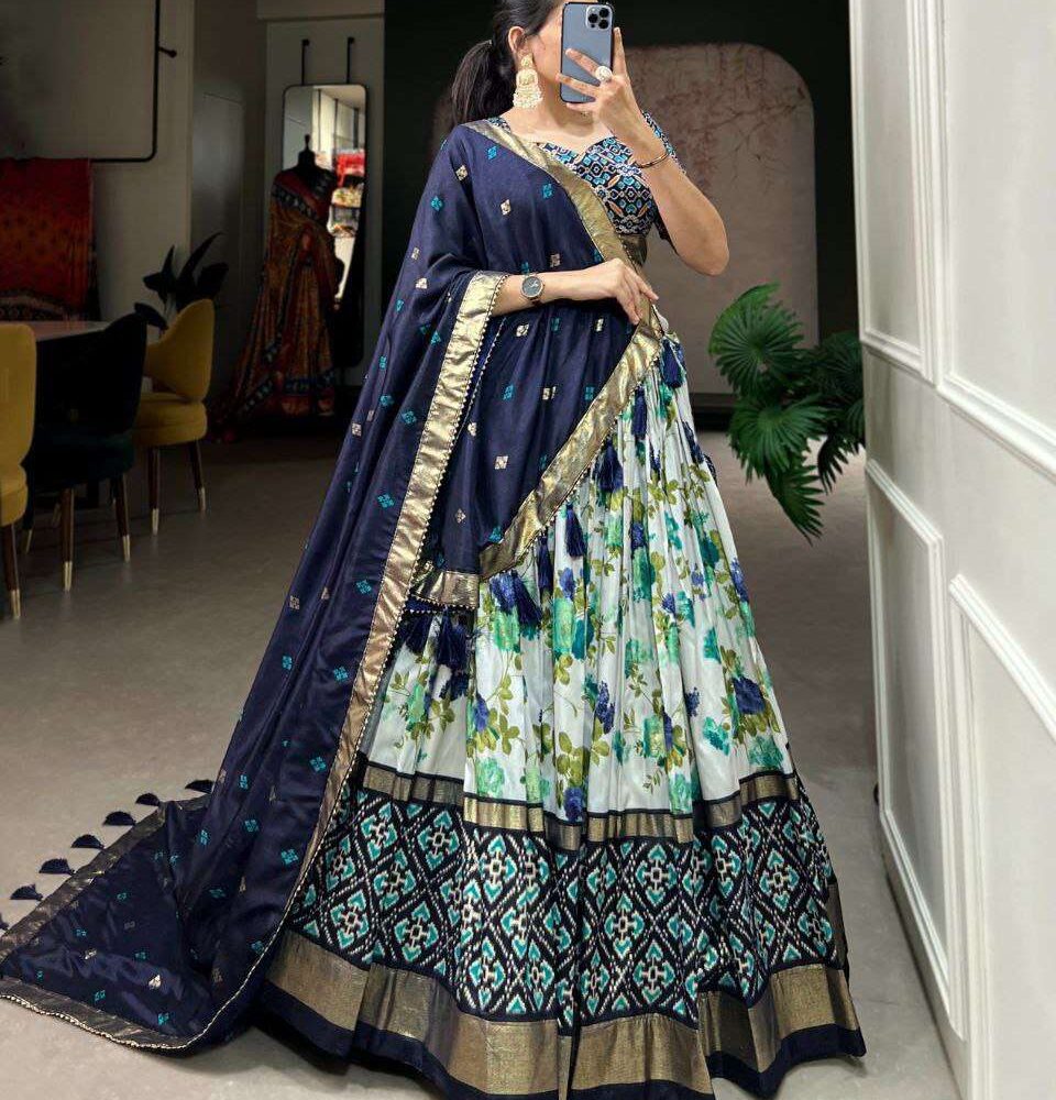 Women's Luxurious Tussar Silk Lehenga Choli with Intricate Prints & Can-Can Flair