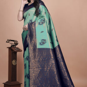 Sea Green & Navy Blue Banarasi Silk Saree with Gold Zari Embellishment | Floral Buta Motifs | Wedding & Festive Wear