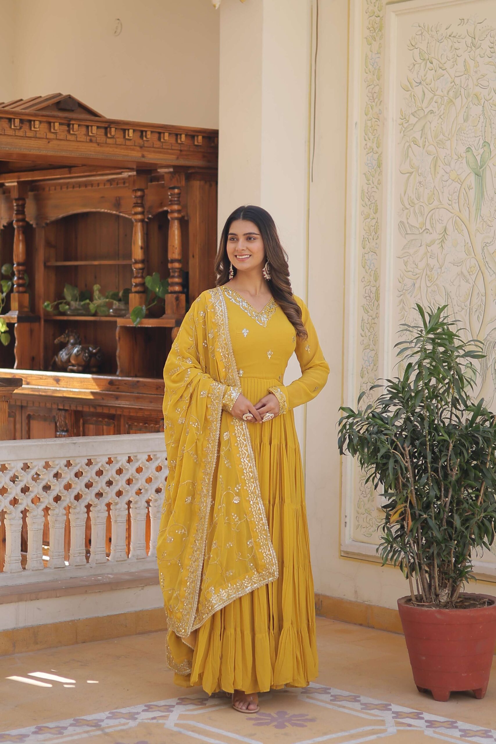 Yellow Faux Georgette Designer Gown with Sequined Dupatta ? Fully Flared Elegant Party & Wedding Set - Image 3
