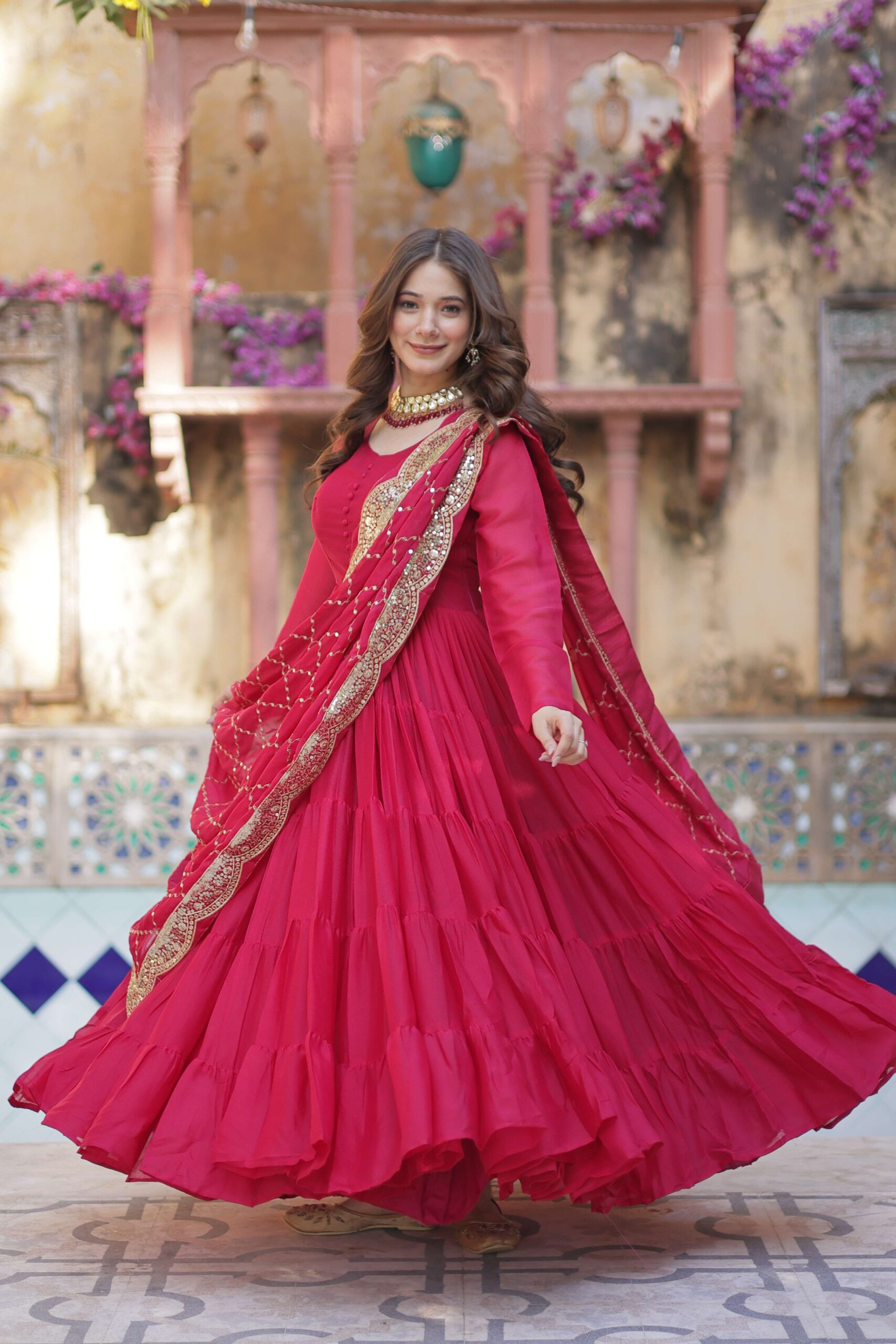 Pink Star Georgette Fully Flared Gown with Sequins Embroidered Dupatta - Image 4