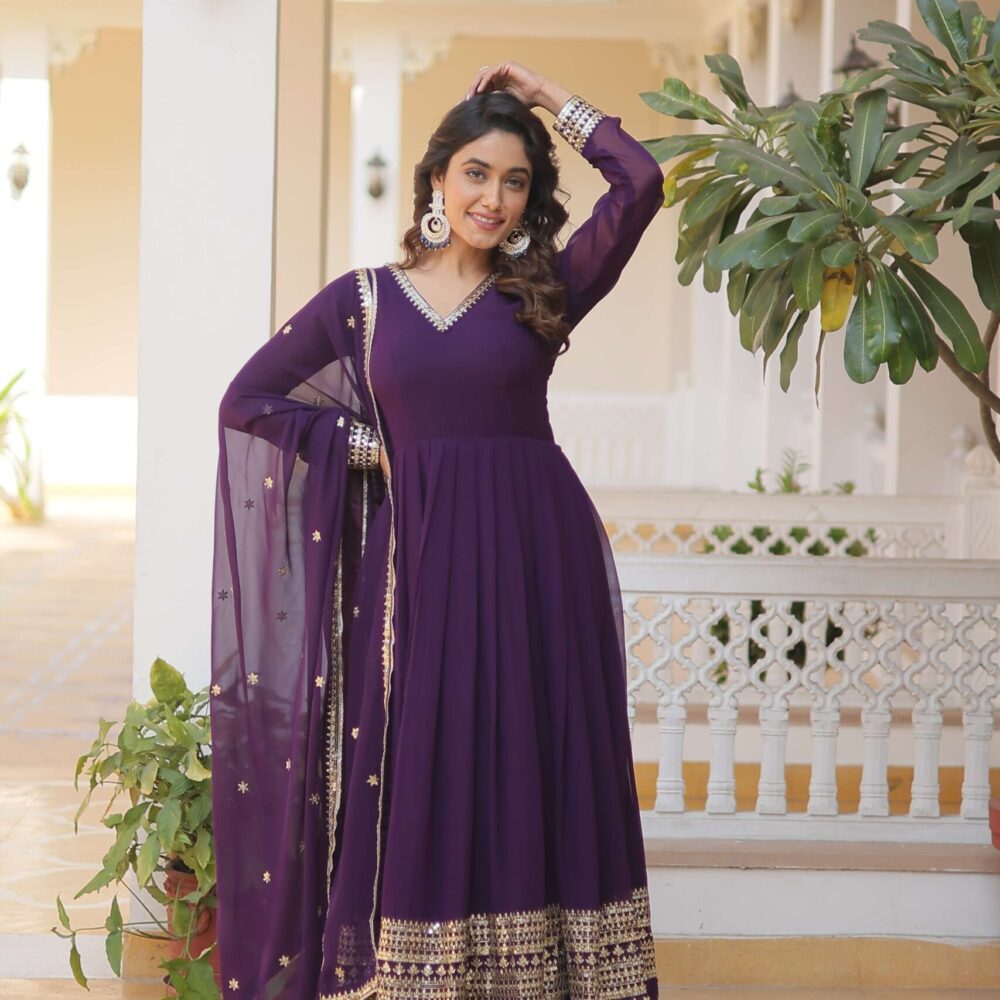 Purple Faux Blooming Gown with Sequined Dupatta ? Elegant Fully Flared Party & Wedding Set