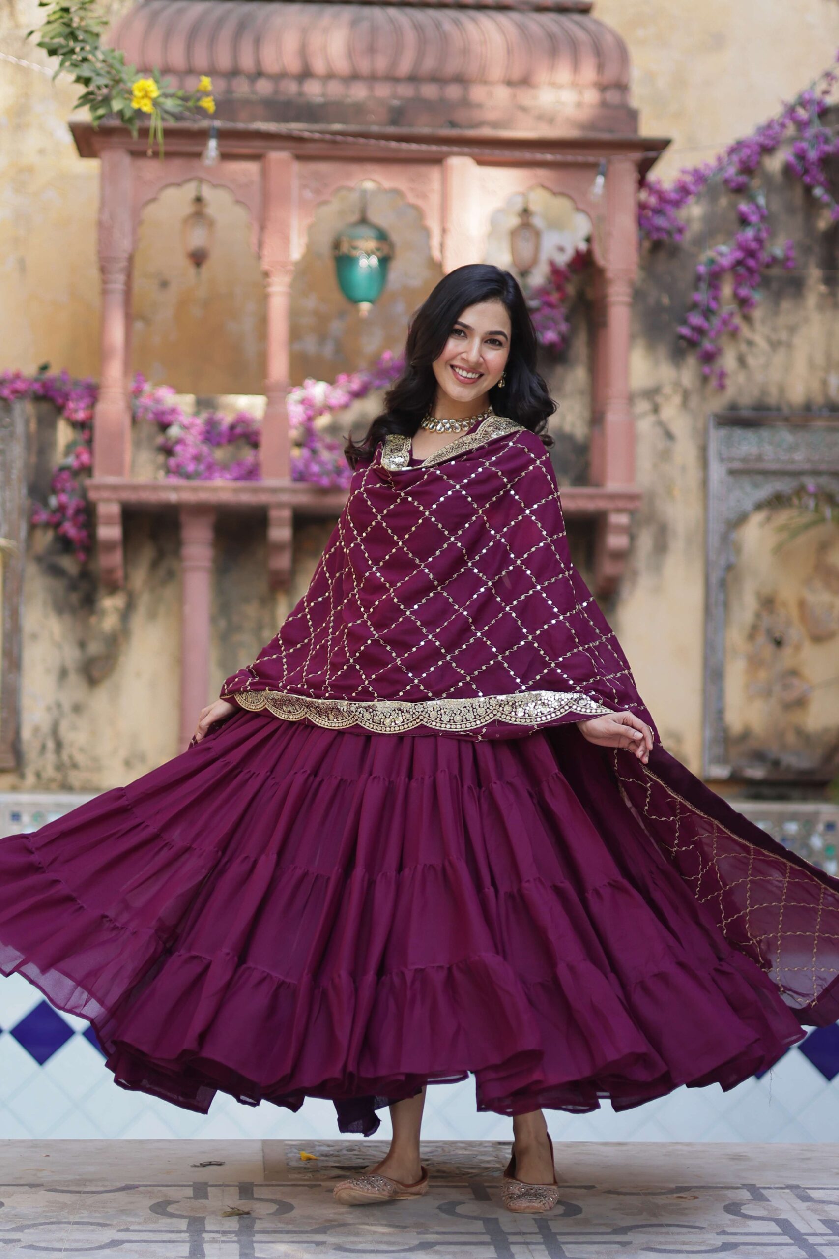 Wine Star Georgette Fully Flared Gown with Sequins Embroidered Dupatta - Image 8