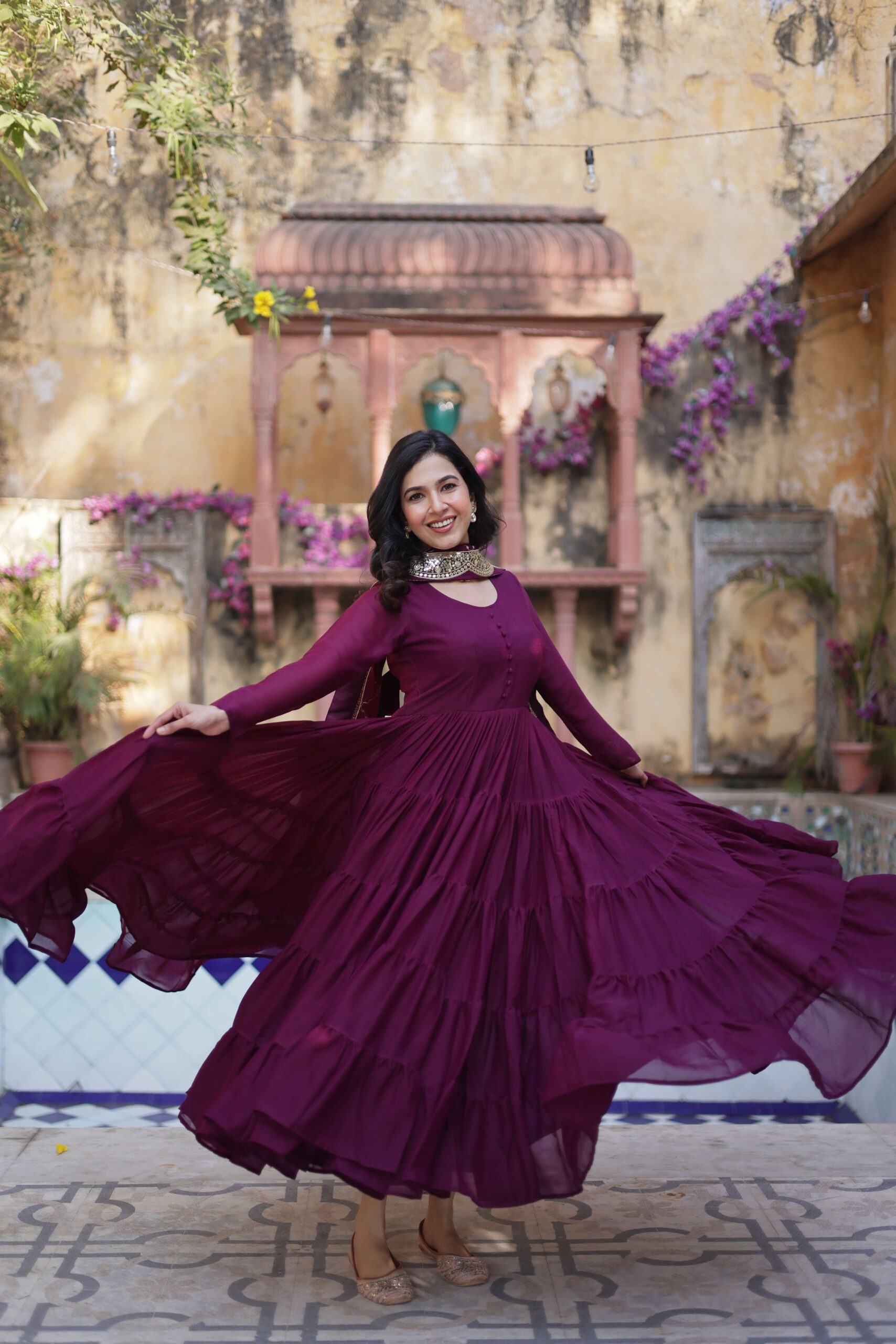 Wine Star Georgette Fully Flared Gown with Sequins Embroidered Dupatta - Image 3