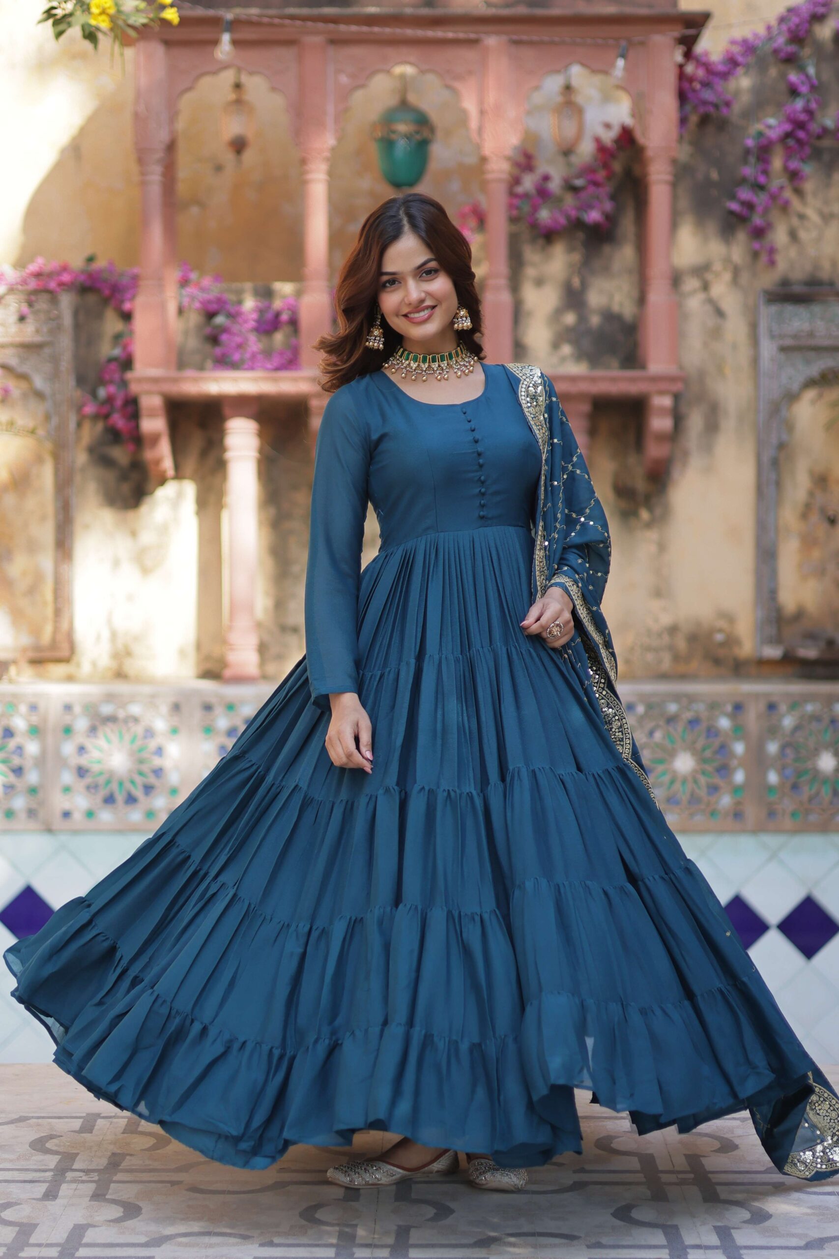 Rama Star Georgette Fully Flared Gown with Sequins Embroidered Dupatta - Image 2