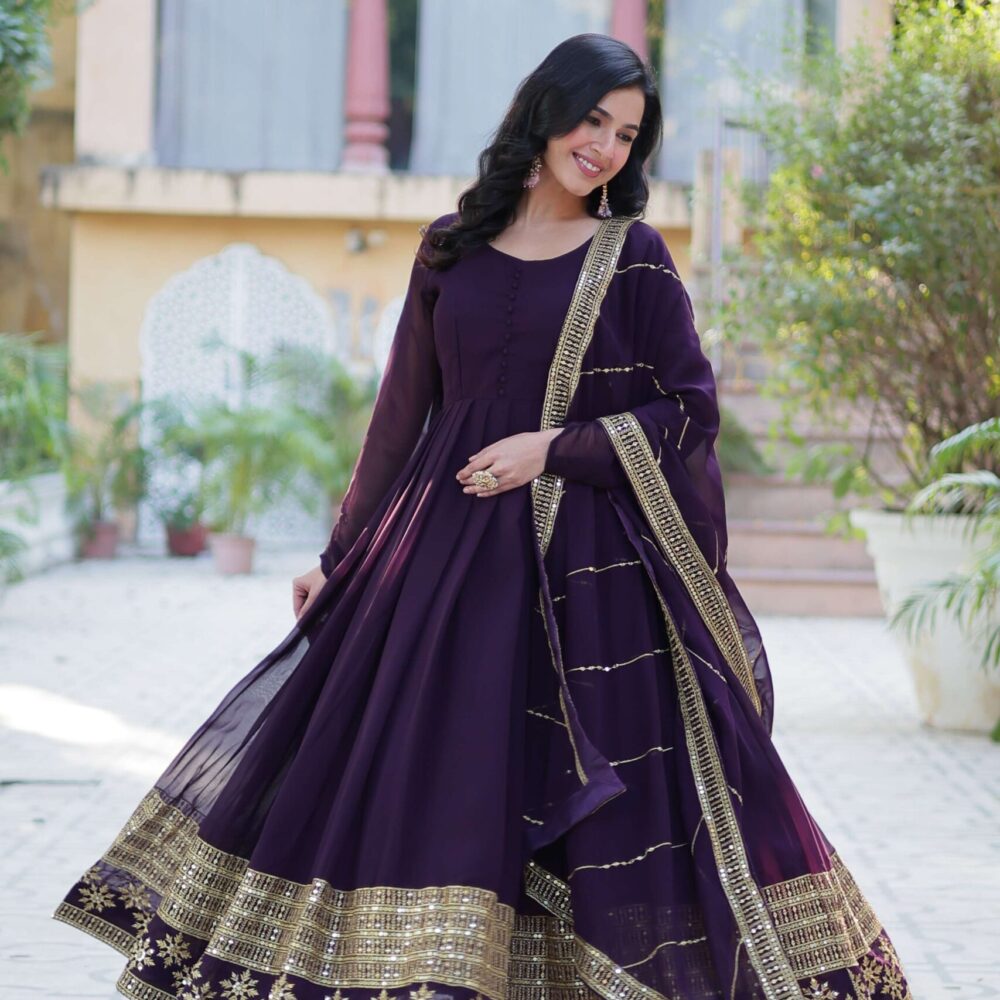 Wine Faux Blooming Gown with Multi-Sequins Embroidered Dupatta