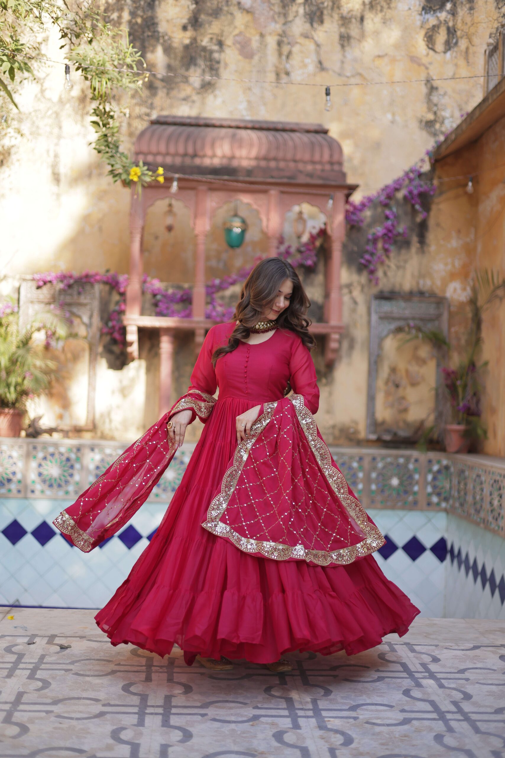 Pink Star Georgette Fully Flared Gown with Sequins Embroidered Dupatta - Image 2