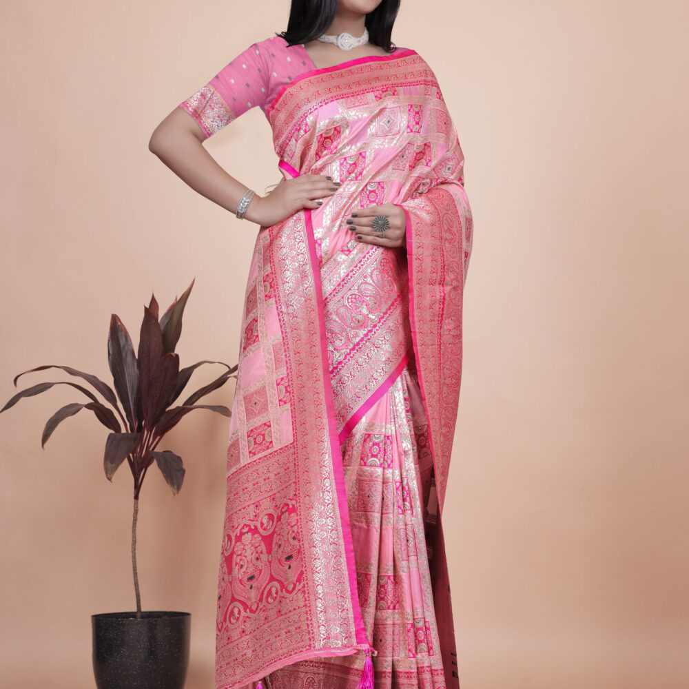 Baby Pink Banarasi Silk Saree with Silver Zari Weaving | Wedding & Festive Wear | Elegant Traditional Designer Saree