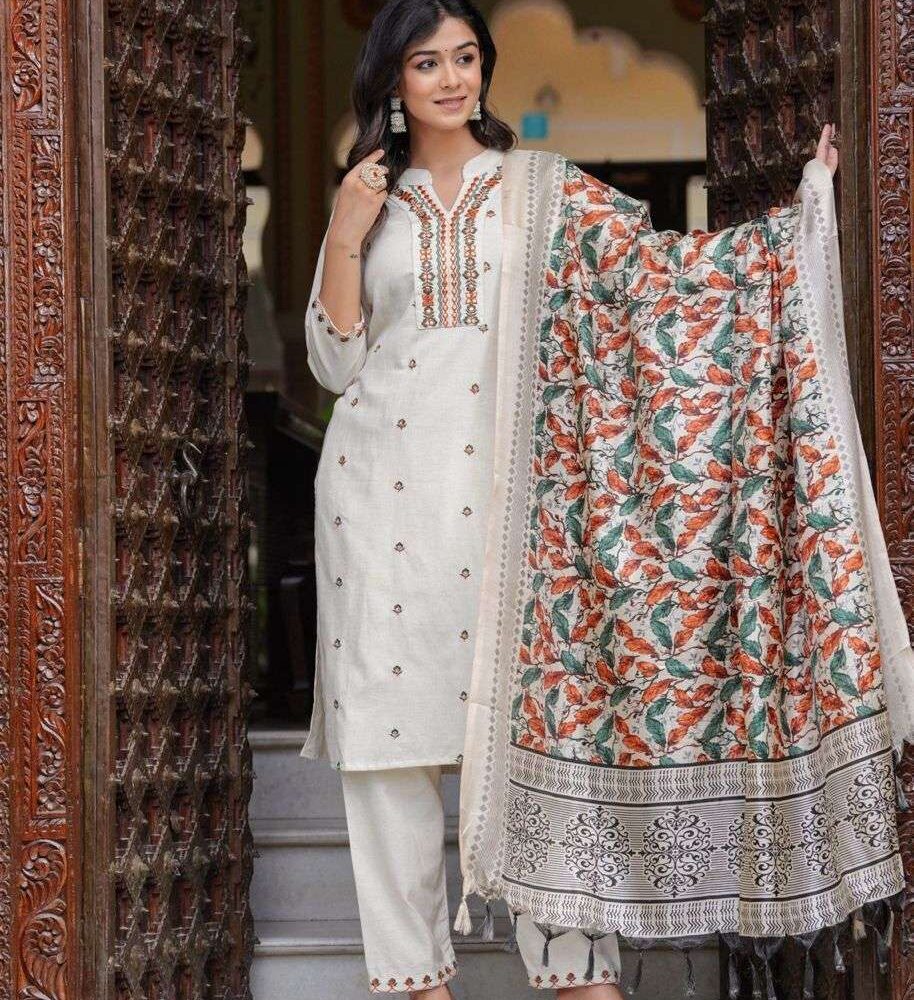 Women's Cotton Embroidered Straight Kurti With Pant and Dupatta Set
