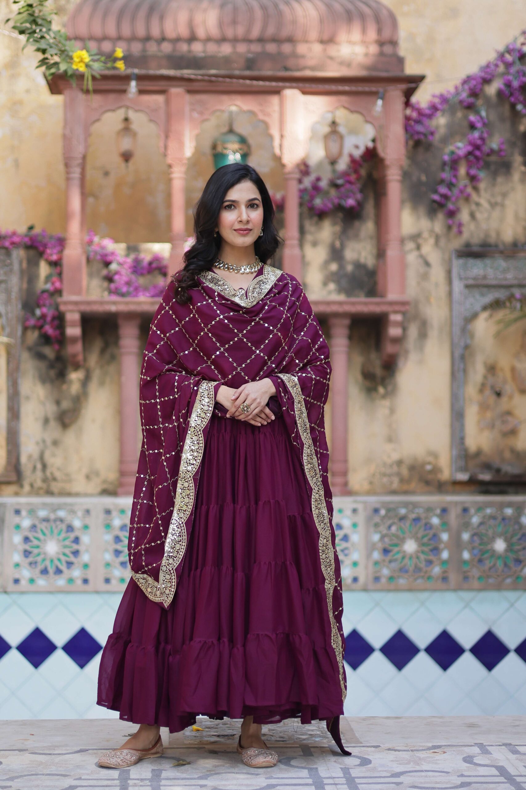 Wine Star Georgette Fully Flared Gown with Sequins Embroidered Dupatta - Image 4