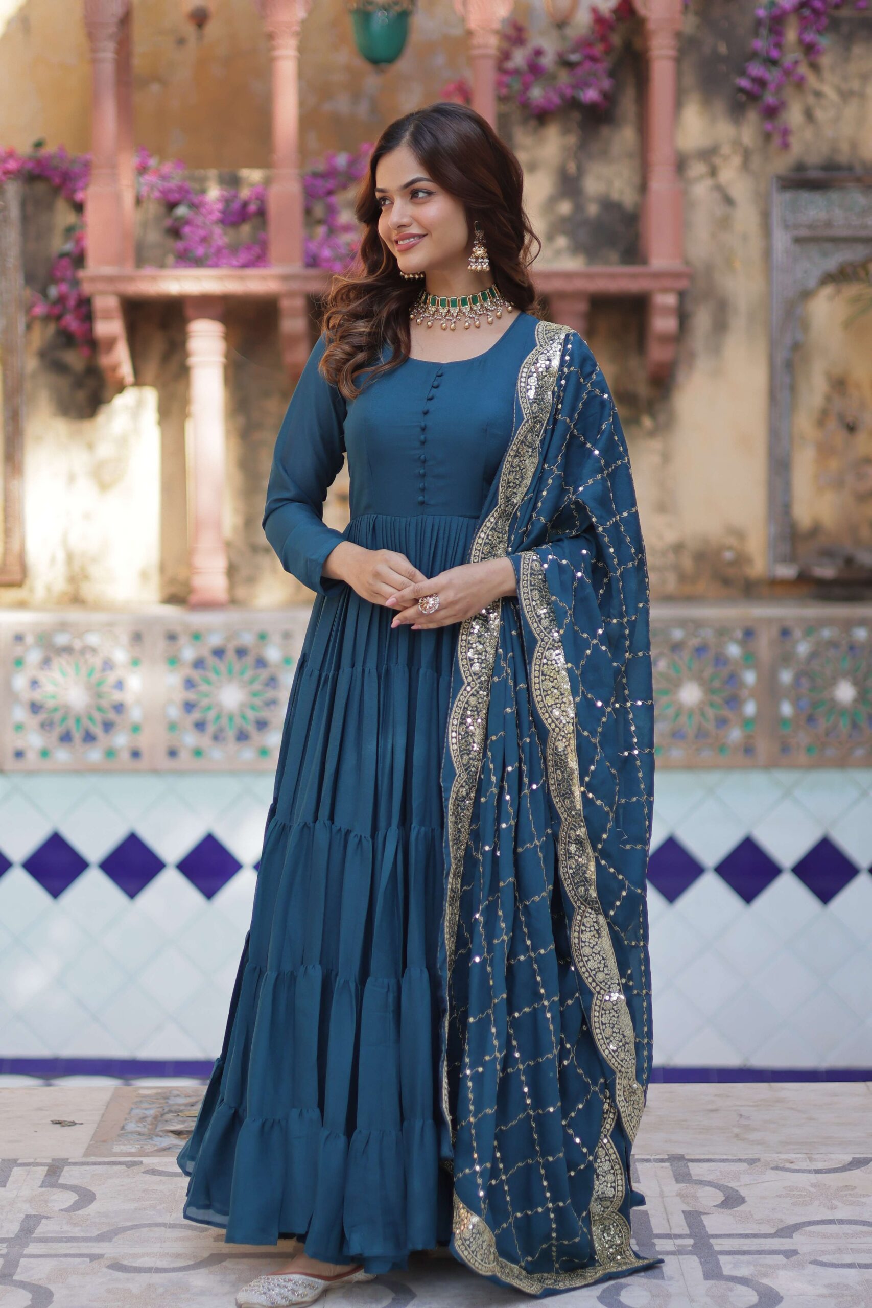 Rama Star Georgette Fully Flared Gown with Sequins Embroidered Dupatta - Image 6