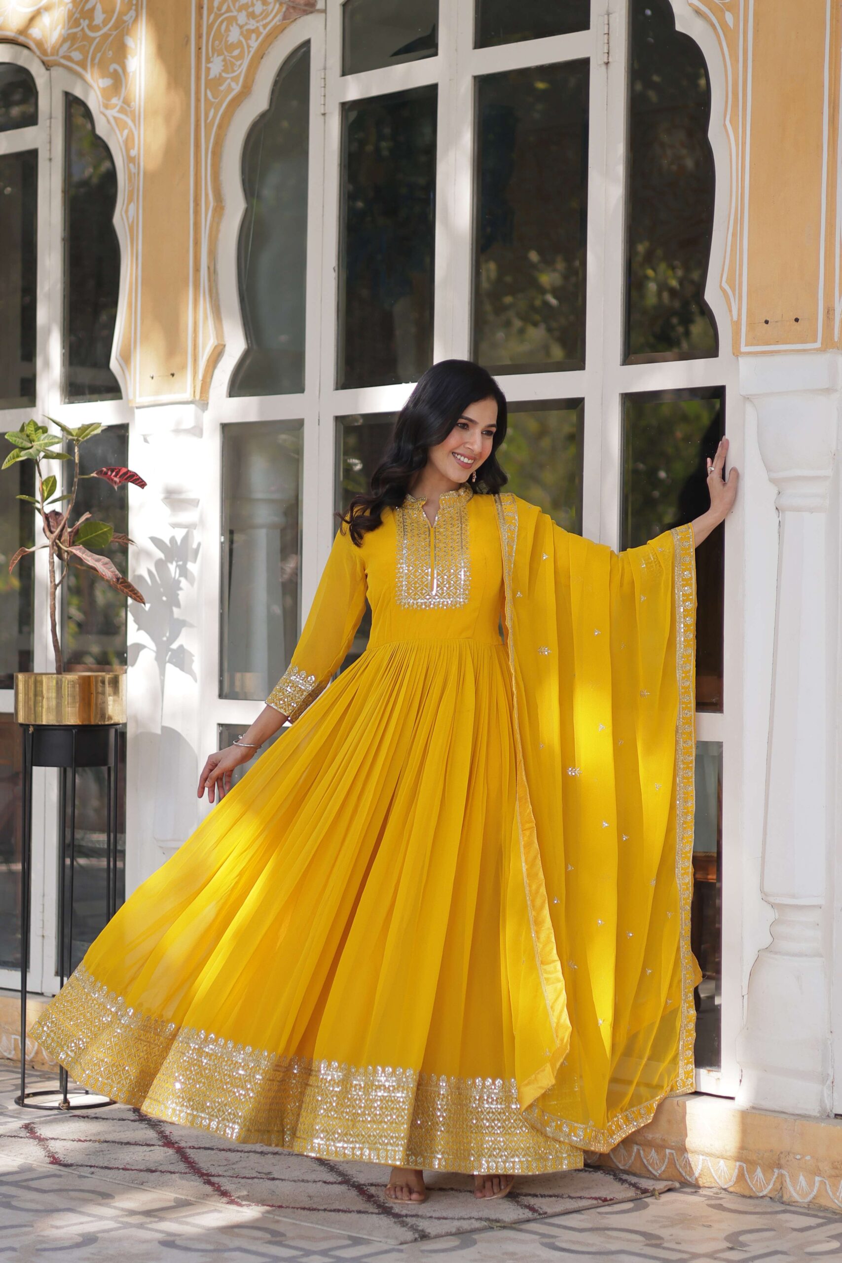 Yellow Faux Blooming Georgette Sequins Embroidered Gown with Matching Dupatta - Image 3