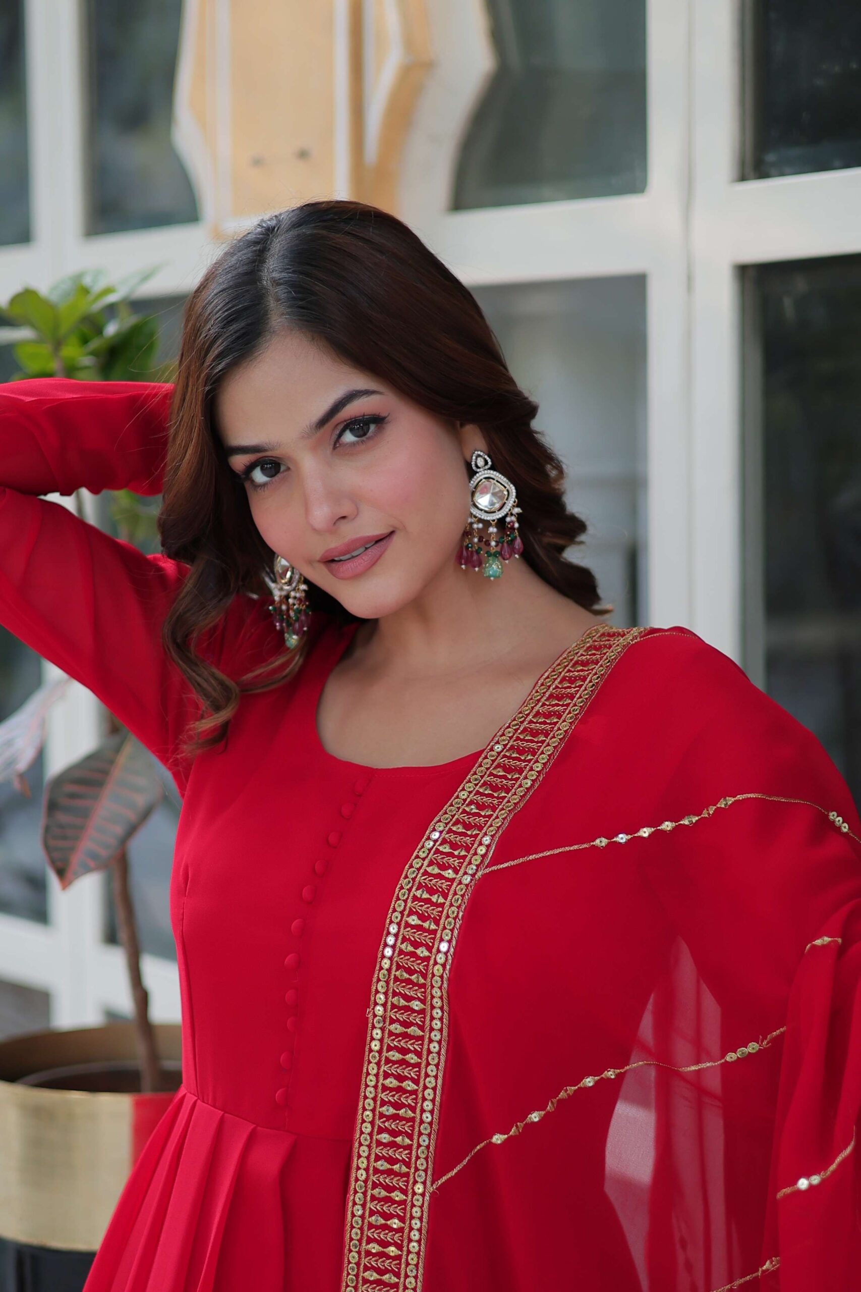 Red Faux Blooming Gown with Multi-Sequins Embroidered Dupatta - Image 3