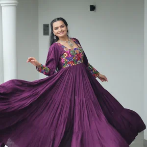 Wine Navratri Special 14 Kg Reyon Designer Gown with Kutchi Gamthi Work – Flared Ethnic Wear for Women