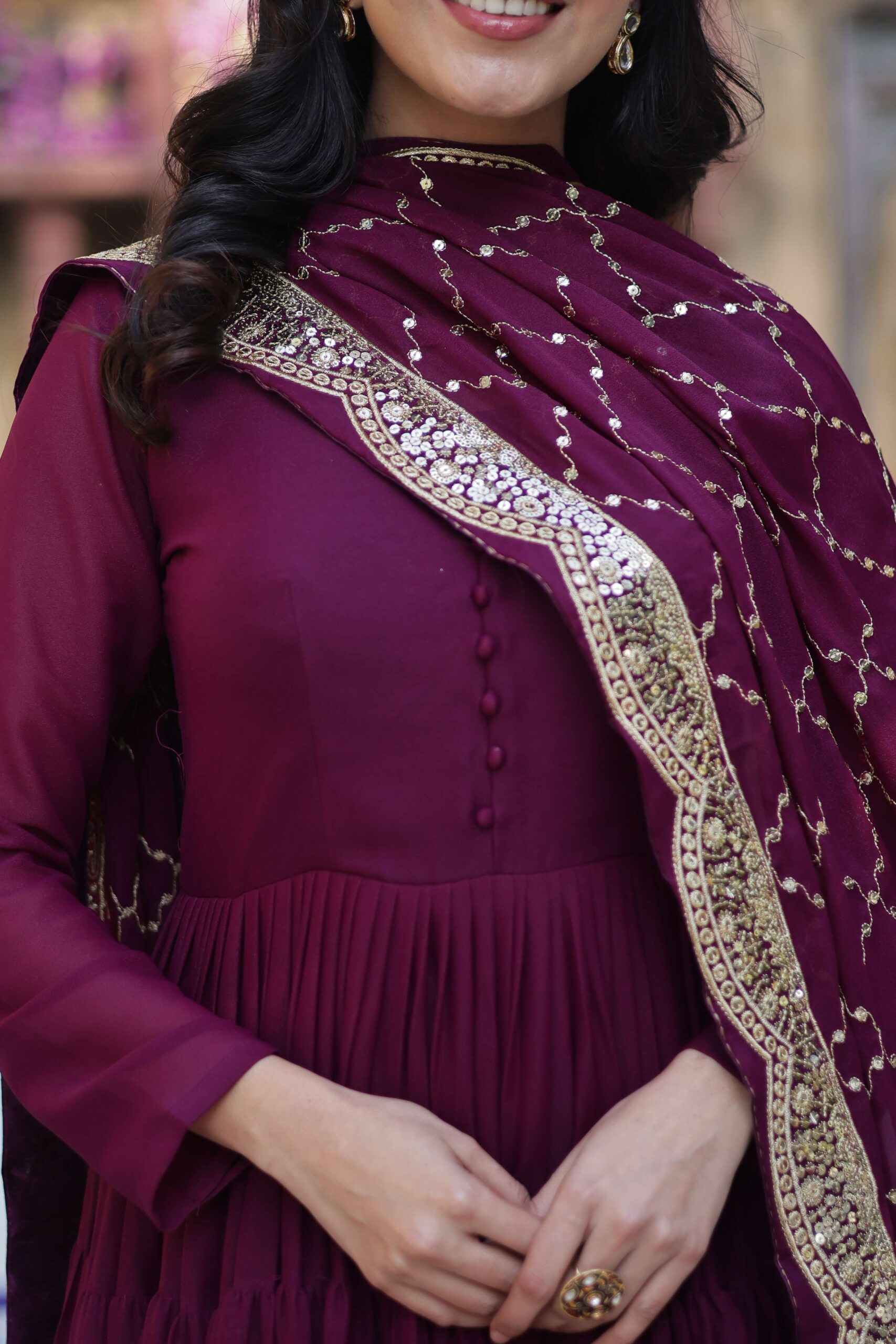 Wine Star Georgette Fully Flared Gown with Sequins Embroidered Dupatta - Image 7