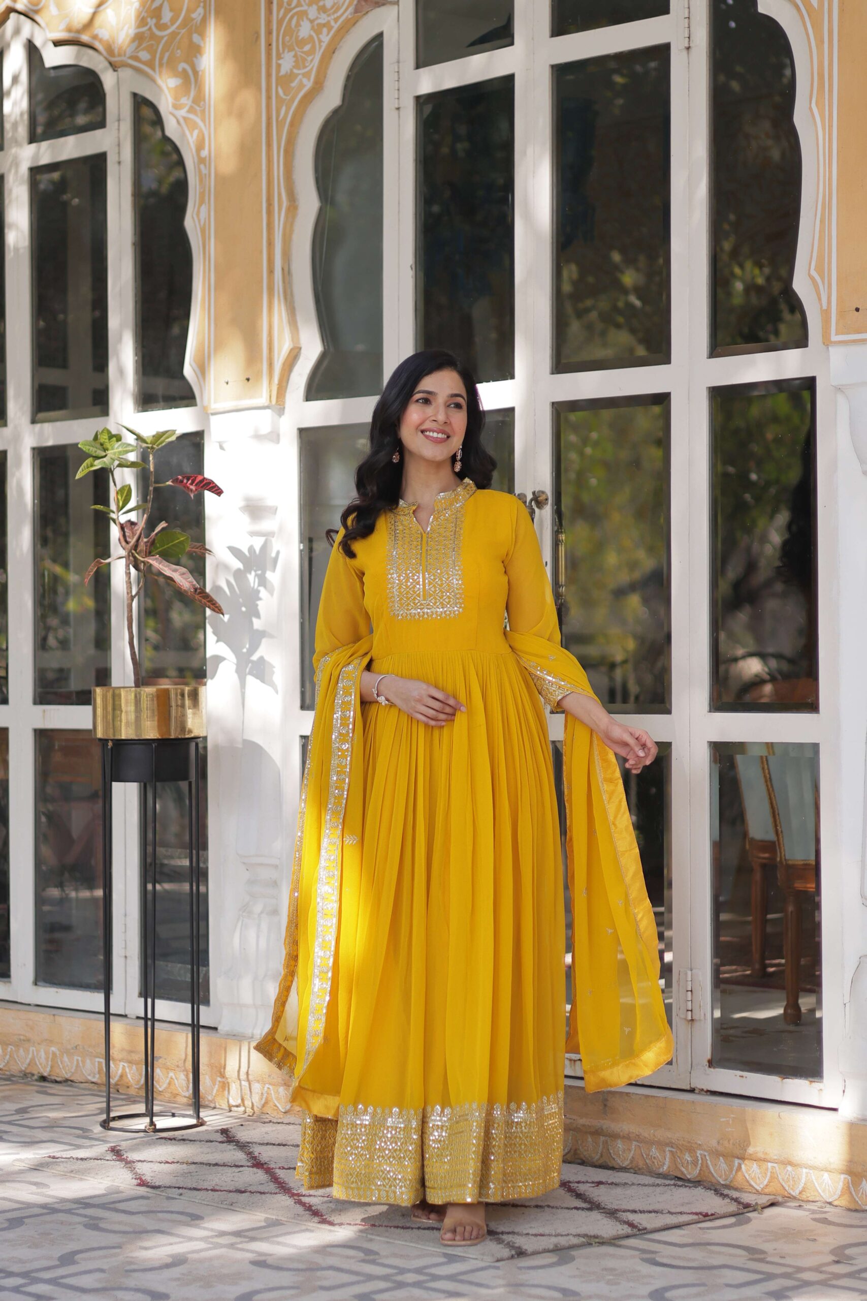 Yellow Faux Blooming Georgette Sequins Embroidered Gown with Matching Dupatta - Image 5