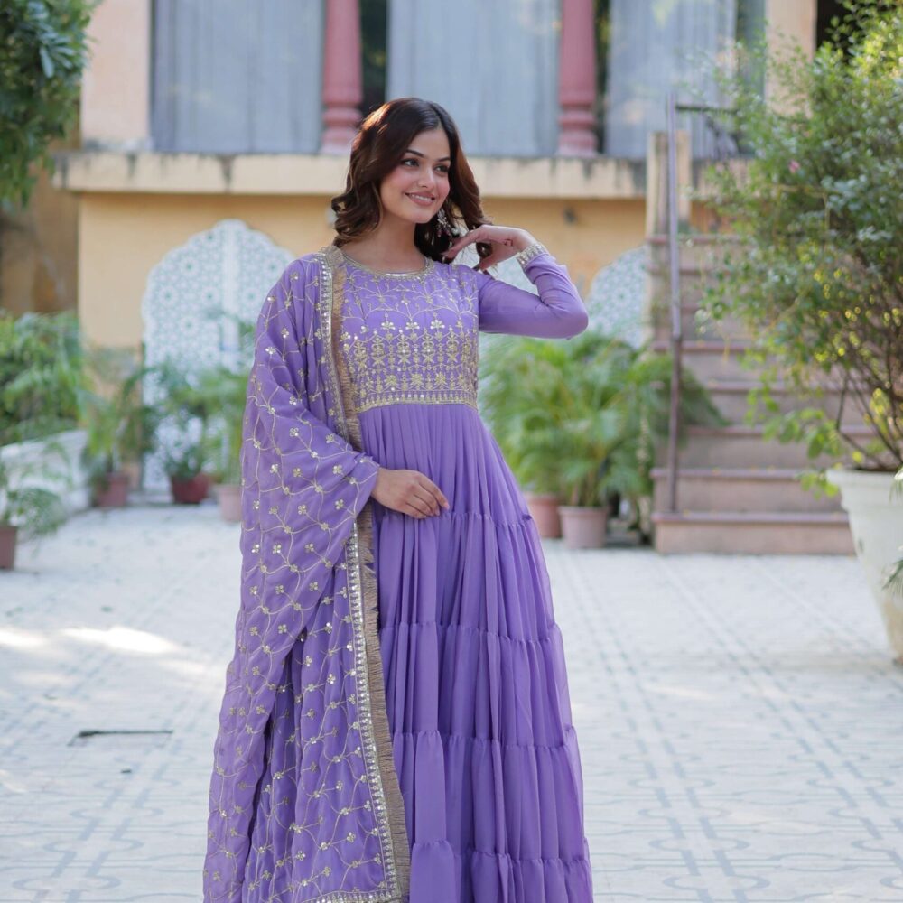 Purple Star Georgette Fully Flared Gown with Sequins Embroidered Dupatta & Lace Border