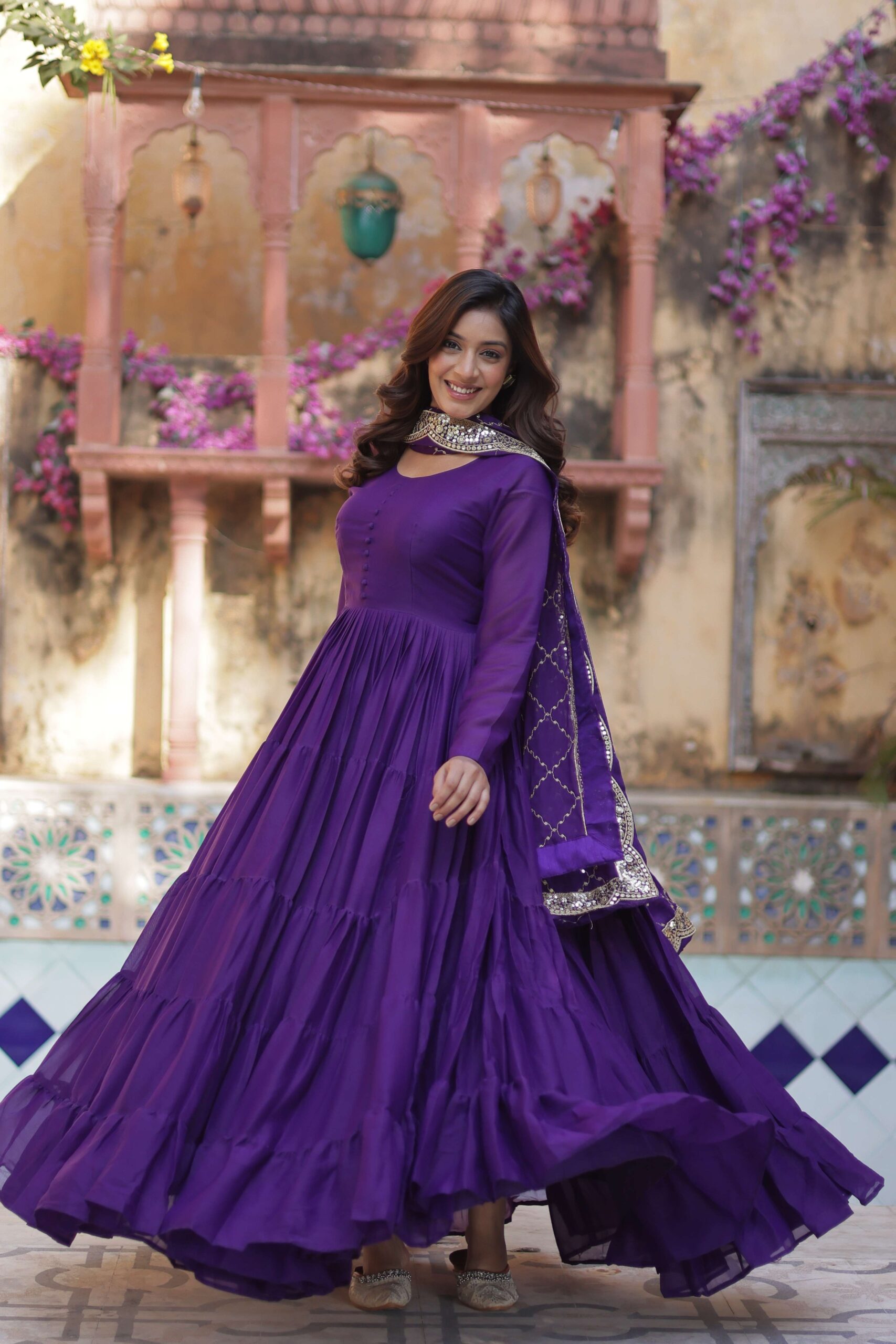 Jambli Star Georgette Fully Flared Gown with Sequins Embroidered Dupatta