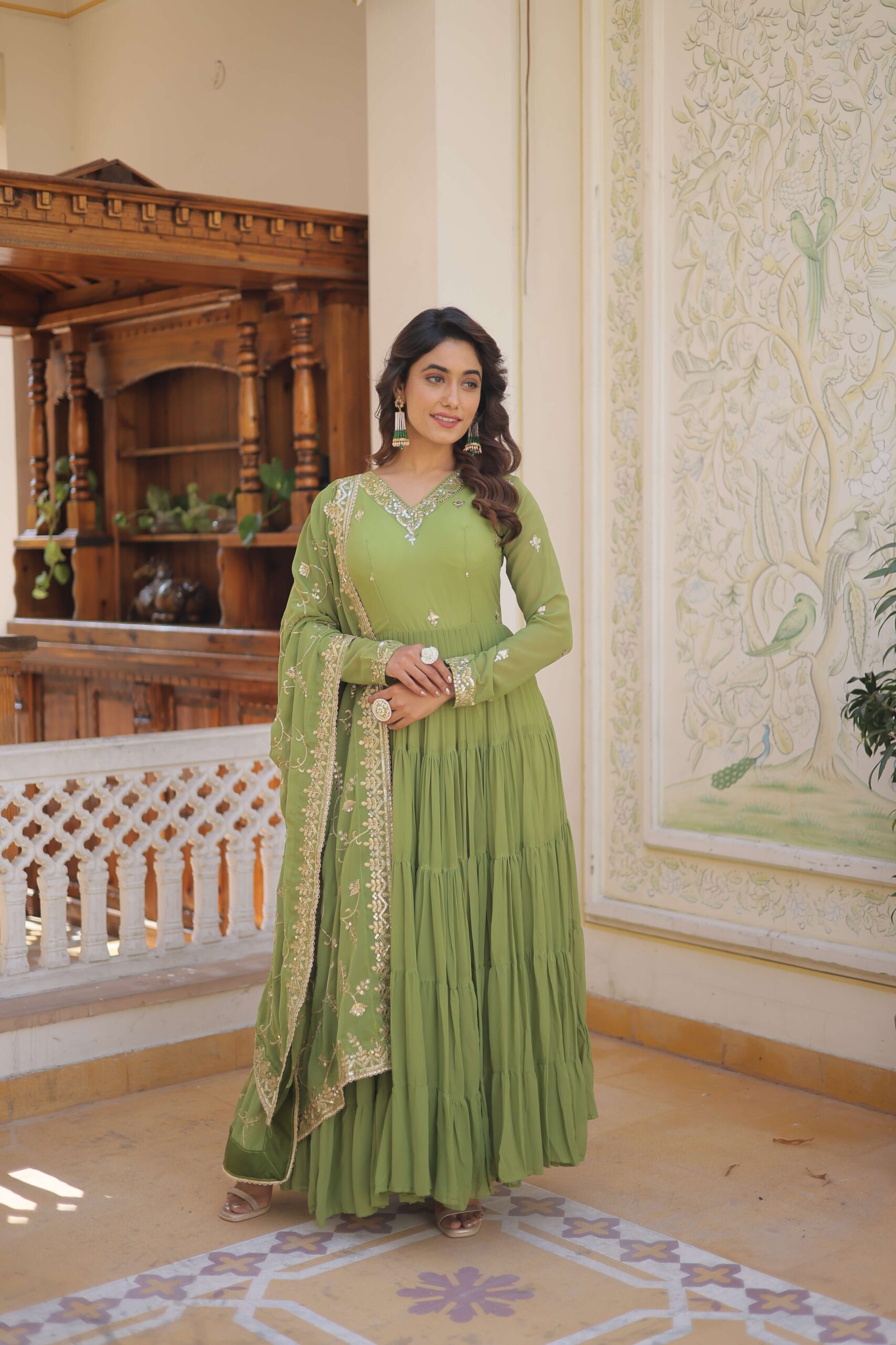 Green Faux Georgette Designer Gown with Sequined Dupatta ? Fully Flared Elegant Ready-to-Wear Set - Image 3