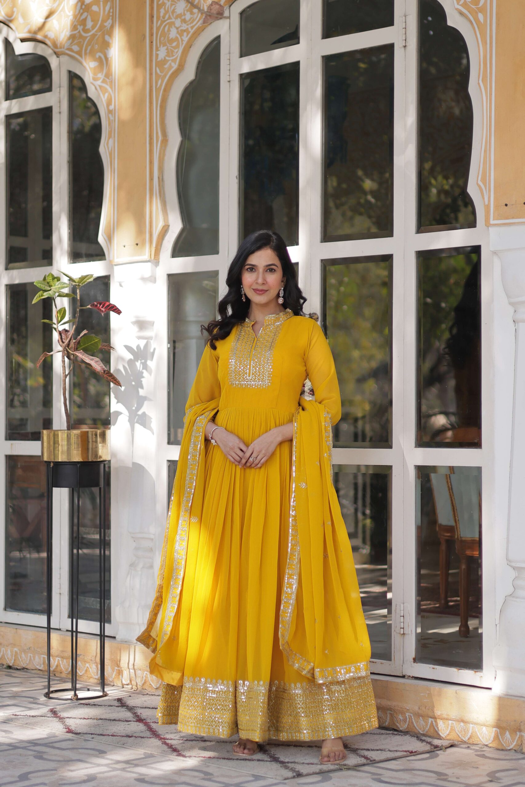 Yellow Faux Blooming Georgette Sequins Embroidered Gown with Matching Dupatta - Image 4