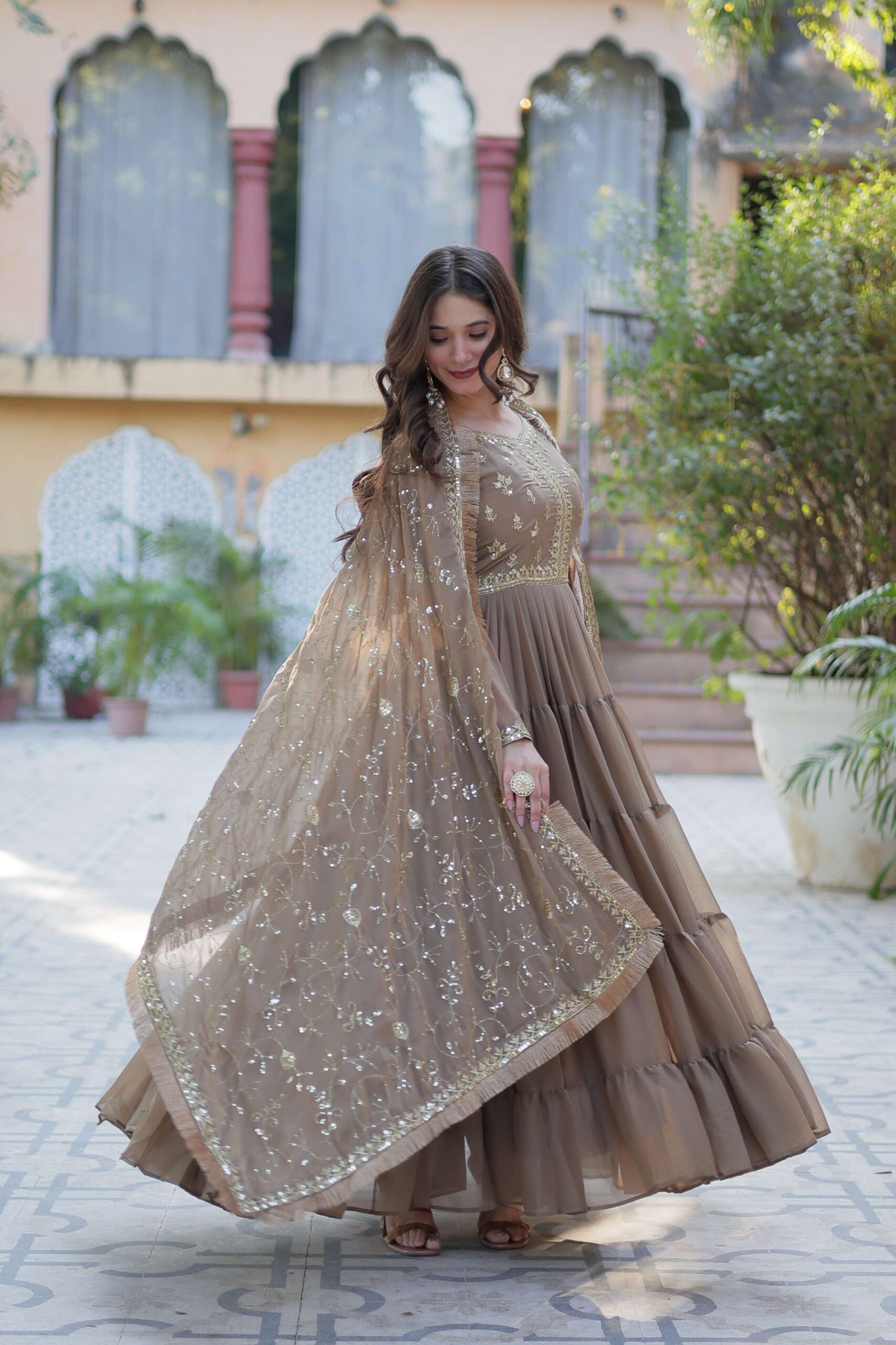 Beige Star Georgette Fully Flared Gown with Sequins Embroidered Dupatta & Lace Border - Image 4